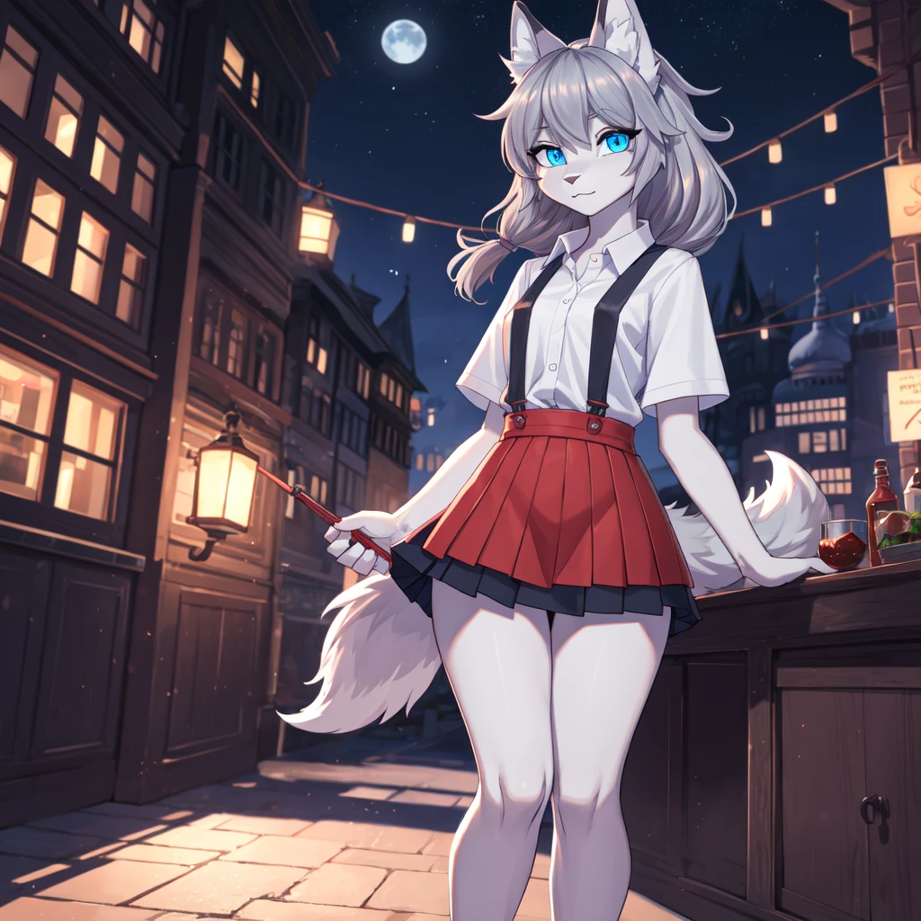 (Wolf furry girl), night city, ((grey hair)), (Blue curls)), великолепное качество, ((blue eyes)), tail tip white, ((red mini skirt)), good shadows, блики на шерсти, White t-shirts, Suspenders, Шедевр, Высокое разрешение, HD-модель, Детально, Уши животных, Уши волка, (Slim waist)1 девочка, Соло, 