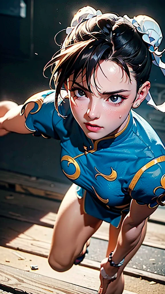 panorama,(wide_shot:1.1), looking_at_viewer,
((chun li:1.5, perfect Chunli,), 1girl, solo:1.1), ((put your hands in a fighting posture:1.1)),(fighting_stance:1.1),(standing:1.1), leg up, one leg up, (masterpiece, best quality, high resolution:1.1),perfect face,beautiful face,detail face, detail eyes, beautiful eyes, eyeliner,eyeshadow,eyelashes, realistic mouth,angry, shouting, screaming, detailed sweaty skin,blush,seductive breasts,athletic,
(photo level realism:1.2),(complex and beautiful:1.2),(detail light:1.2),(soft lighting, side light, reflected light, ),(sharp),(white_background:1.1),Simple background,pearl \(gemstone\),incredibly absurdres,best quality,photo realistic, photorealistic,photo,realistic,realism,photorealism,detailed,skin texture,realistic skin texture,ultra high res,high resolution,detailed,raw photo,moody lighting,high quality,highres,natural light,ray tracing,volumetric light,photorealistic,Cinematic Lighting,ultra realistic 8k cg,picture-perfect face, flawless,clean,masterpiece,professional artwork,famous artwork,cinematic bloom,
extremely detailed CG unity 8k wallpaper,ultra-detailed,best illustration,best shadow,ultra-high res,Best quality,(masterpiece, best quality, high quality, highres, ultra-detailed),correct fingers,perfect hands,, Hyakuretsukyaku, motion blur