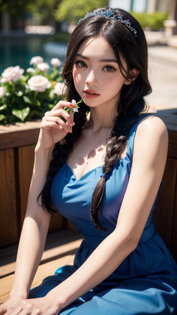 (8k, RAW photo, best quality, masterpiece:1.2), (realistic, photo-realistic:1.4), highres, ultra-detailed, extremely detailed, depth of field, a beautiful woman in a blue dress with  braids and a tiara on her head and a flower in her hand,The overall composition should have the focus on the character's appearance, felsa