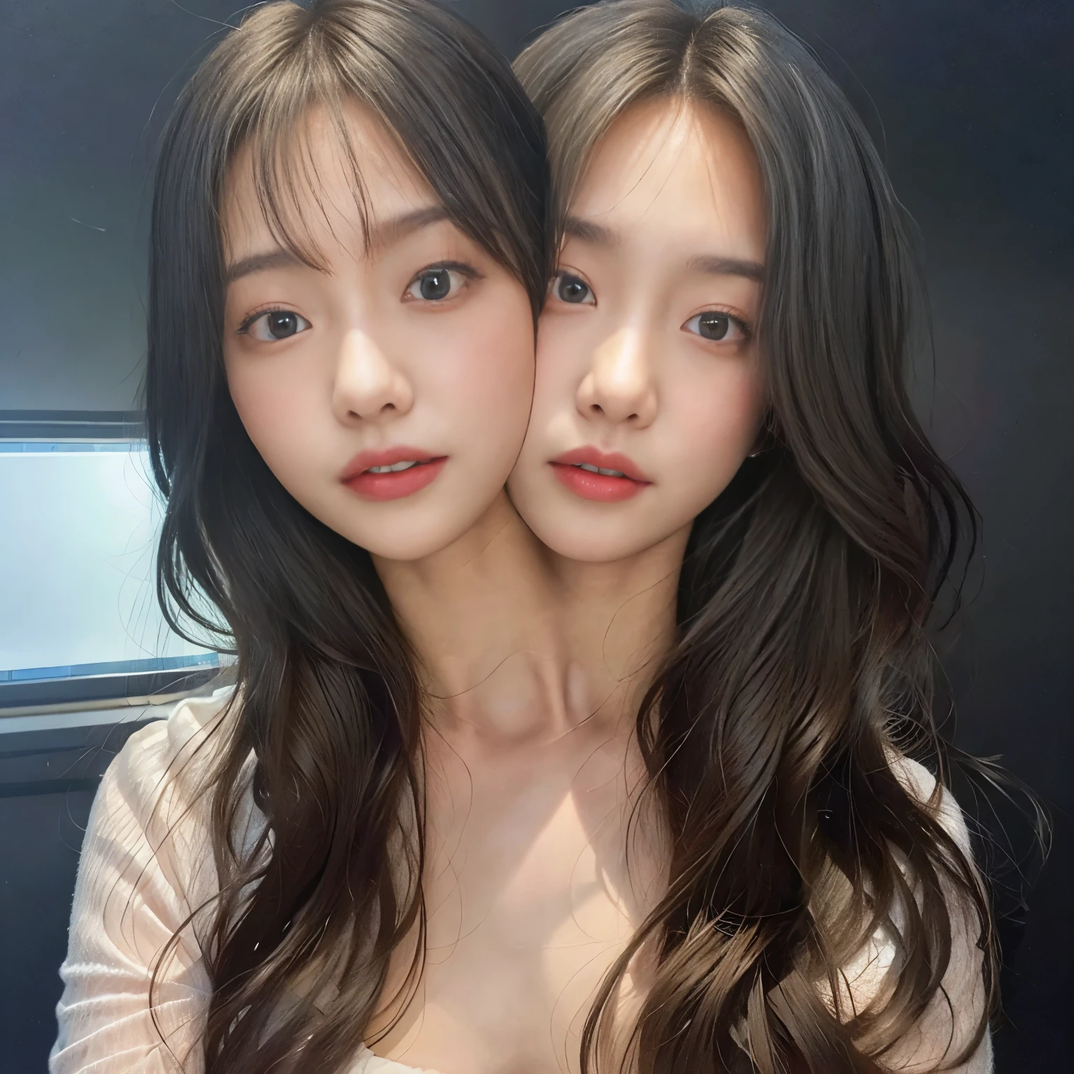 grandma, officeworker, old woman, senior, old mature korean adult women, long hair, princess, extreme close-up, face in front of camera, korean, kpop, korean drama star, princess, ulzzang-6500-v1.1, (Raw photo:1.2), (Photorealistic:1.4), rubbing cheeks together, Very detailed eyes and face, Beautiful detailed eyes, Ridiculous, Incredibly ridiculous, Ultra detailed, High resolution, Very detailed, Best quality, Masterpiece, unified, 8k wallpaper, fantastic, fine detail, masterpiece, top quality, highly detailed cg uniform 8k wallpaper,movie lighting, (dynamic pose))), (knee bending leg sitting)), conjoined_dicephalus, (two heads:1.3)