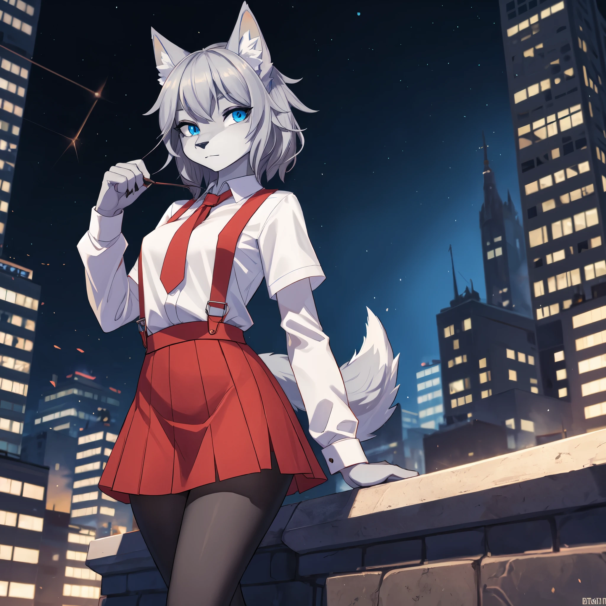 (Wolf furry girl), night city, ((grey hair)), (Blue curls)), великолепное качество, ((blue eyes)), tail tip white, ((red mini skirt)), good shadows, блики на шерсти, White t-shirts, Suspenders, Шедевр, Высокое разрешение, HD-модель, Детально, Уши животных, Уши волка, (Slim waist)1 девочка, Соло, 