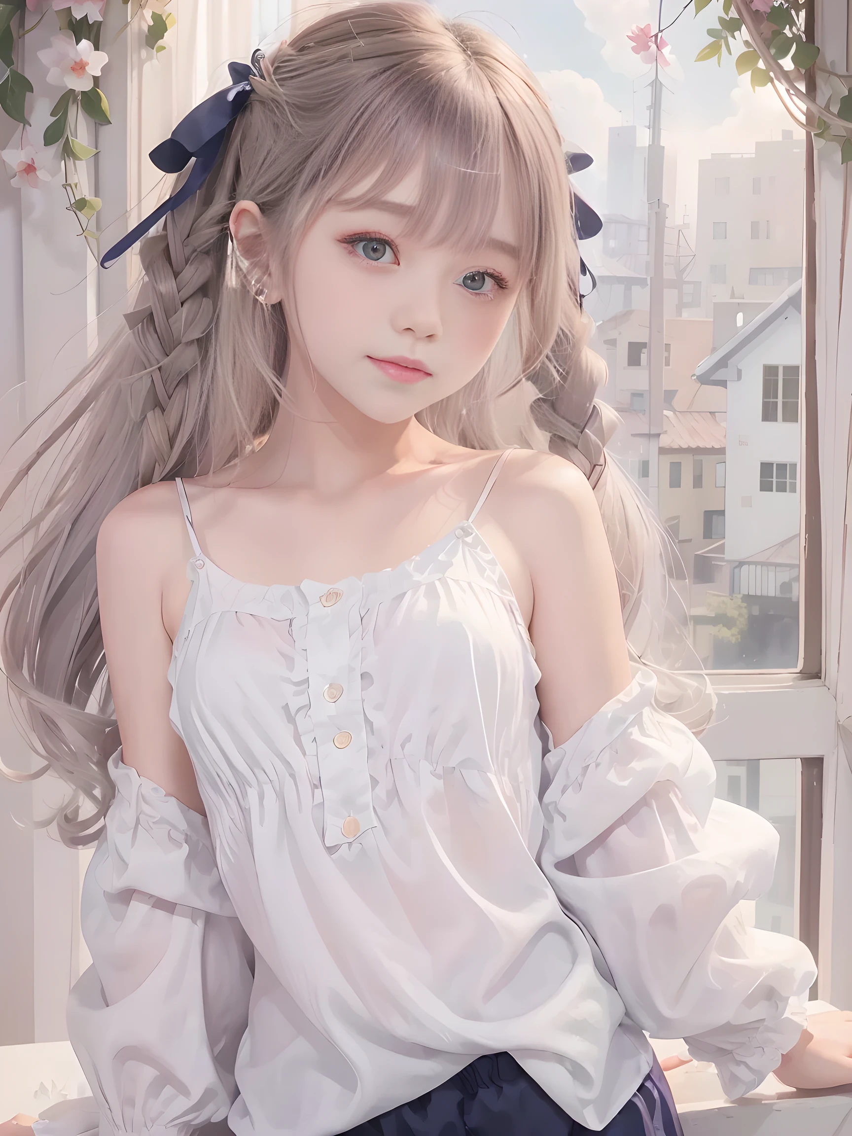 (masterpiece、Best Quality、Best Quality、beautiful, beautiful:1.2)、 simple background、From afar、（Watercolor 1.5）、 curly hair、 half up twin tail、  Hair Ribbon 、 1 girl、smile、( fractal art:1.3)、Blonde、Silk camisole、