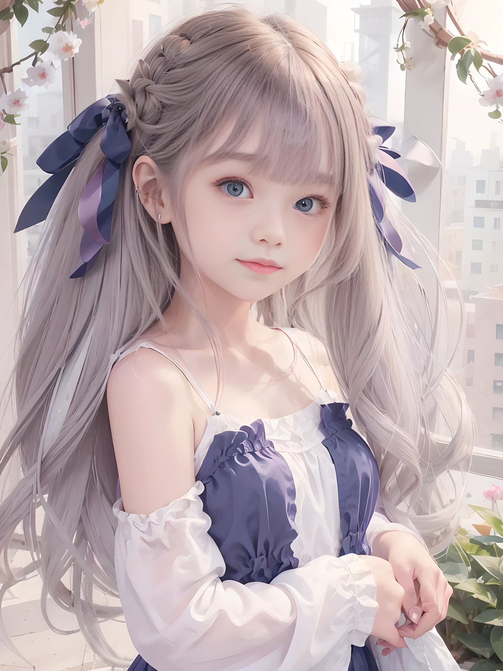 (masterpiece、Best Quality、Best Quality、beautiful, beautiful:1.2)、 simple background、From afar、（Watercolor 1.5）、 curly hair、 half up twin tail、  Hair Ribbon 、 1 girl、smile、( fractal art:1.3)、Blonde、Silk camisole、