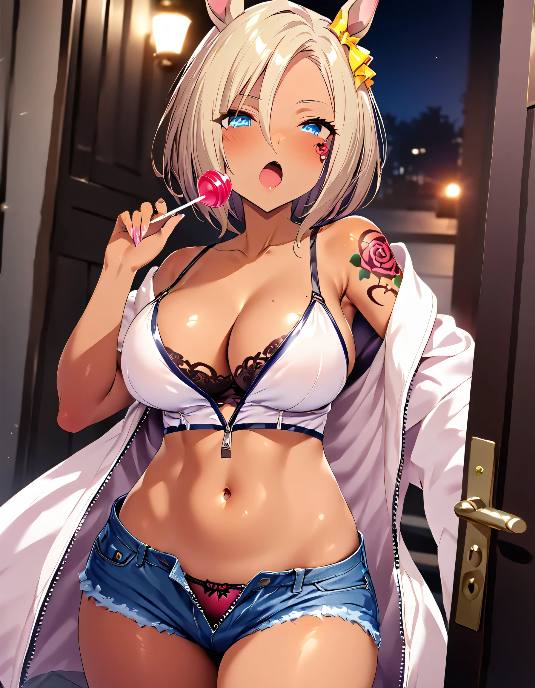 1girl,Alone,sole female,umamusume,air groove\(umamusume\),horse girl,horse ears,blue eyes,,short hair,hair ornament,large breasts,looking at viewer,(((((gal,blonde hair,dark skin,tanned,huge tattoo,rose tattoo))))),((camisole,denim shorts,cleavage,navel)),(((panties,open zipper))),open mouth,(((lollipop,holding lollipop,))),standing,cowboy shot,[dutch angle],(entrance,opened door,night),break,(Anatomically correct),(ultra detailed),(ultra resolution),(best illustration),(masterpiece),(best quality), (detailed face),(cute eyes),shiny,5 fingers,score_9_up, score_8_up, score_7_up, score_6_up, score_5_up,8K,4K,cinematic lighting,figure,