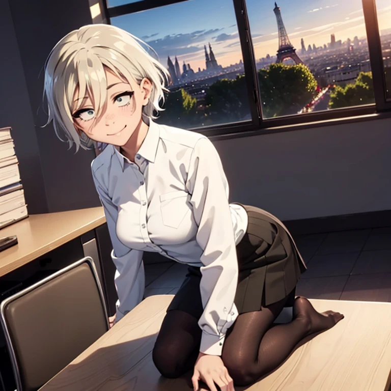 1 young woman, short white hair,  medium breasts,  yellow-eyed , smile,  full body, She's wearing a long sleeve white shirt, black skirt, black pantyhose,  white skin,  full body, resting on a desk in an office, Paris and the Eiffel Tower in the background, blushing face, Evening, short skirt,  look at the spectator , Evening, window, Evening