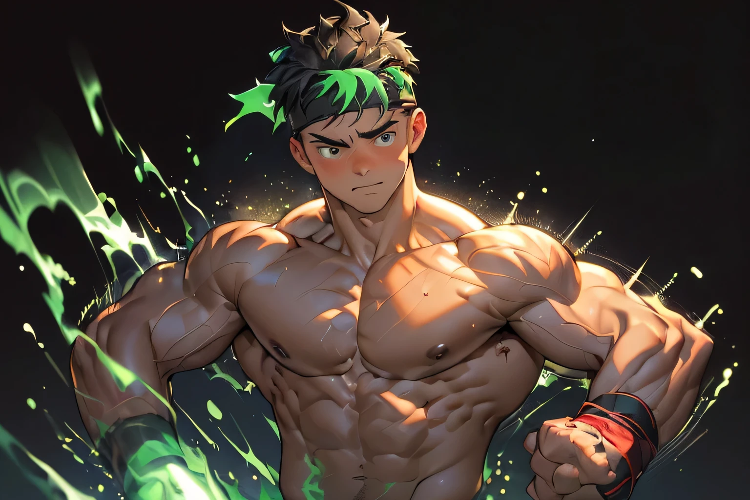 ((masterpiece, best quality, stalwart, (Depth of field:1.2))), (((((black background, deep night, upper body))))), (worm green eyes, Young boy, muscler, Shirtless, topless), ((((1boy, solo, flesh, tough, reliable, developed body)))), (Dark Short straight hair, green eyes, ((almost completely shaved hair)), under cut), (((red headband))), Vivid colors, ((big breast, big abs, big shoulder, muscular body, sturdy body, defined round and fleshy pecs, defined round and fleshy ABS, defined round and fleshy armsmuscular, well-defined muscles, toned body, shouldermuscler)), muscler!, muscler body, detailed face, detailed muscle, (((rippling muscles, Flowing energy, wearing wind to emphasize the power of his aura. Highlight his aura, blue and green aura effect, wearing energy stream, charge aura energy his right arm, Imposing, expressionless, random stance, ((rushpunch:1.2, motion blur)))))