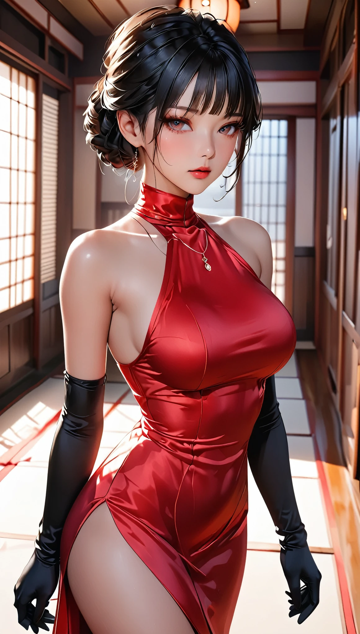 (masterpiece,Best Quality, ultra high resolution),Inside the Western-style building,One Japanese woman,In heat,A seductive and alluring expression,Her beautiful black hair is tied back,bangs,Baby Face,Beauty,Pursing his lips,
 (((Very beautiful 20 year old))),Big Breasts、(Vermilion satin high neck long dress:1.5),(Tight fit),
Bodyline,(Satin Opera Gloves:1.8),(Satin Knee High Boots :1.8),Satin has a very strong luster,( place arms behind head :1.8),(Walking:1.8),( black panties:1.5),Full body photo