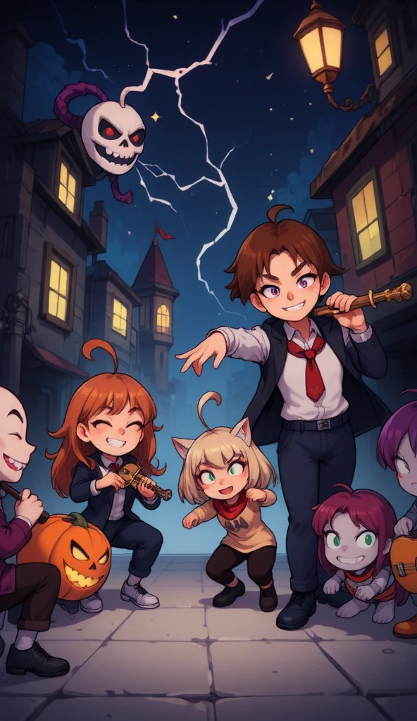 a masterpiece artwork of an awesome illustration of anime characters. A haunted band orchestra of cute and kind halloween monstersmonster. During the concert in the foggy street of the haunted village, their music instruments became alive and haunted. The instruments try to possess the soul of the musicians and they fight against the musicians. the lightning effects are cinematic with intimite light like candles. the scene is a scary, funny and a festive one. keep in mind the words adventure, action, dreams, thriller  and halloween. inside this llustration, we are traversing through a fantastical realm of dreams and imagination,  , in a whimsical and   animated art style with magical portals and infinite possibilities. 