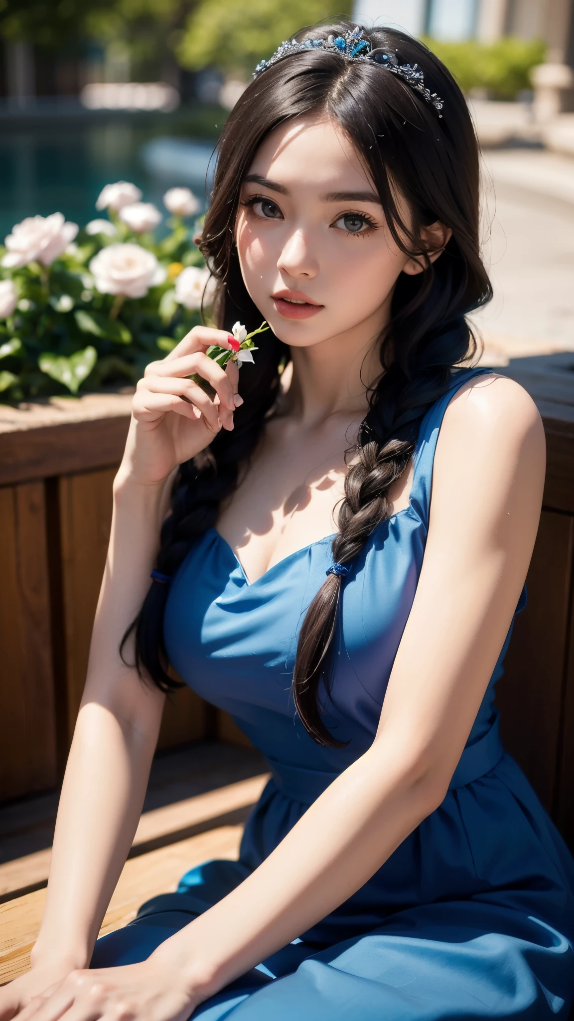 (8k, RAW photo, best quality, masterpiece:1.2), (realistic, photo-realistic:1.4), highres, ultra-detailed, extremely detailed, depth of field, a beautiful woman in a blue dress with  braids and a tiara on her head and a flower in her hand,The overall composition should have the focus on the character's appearance, felsa