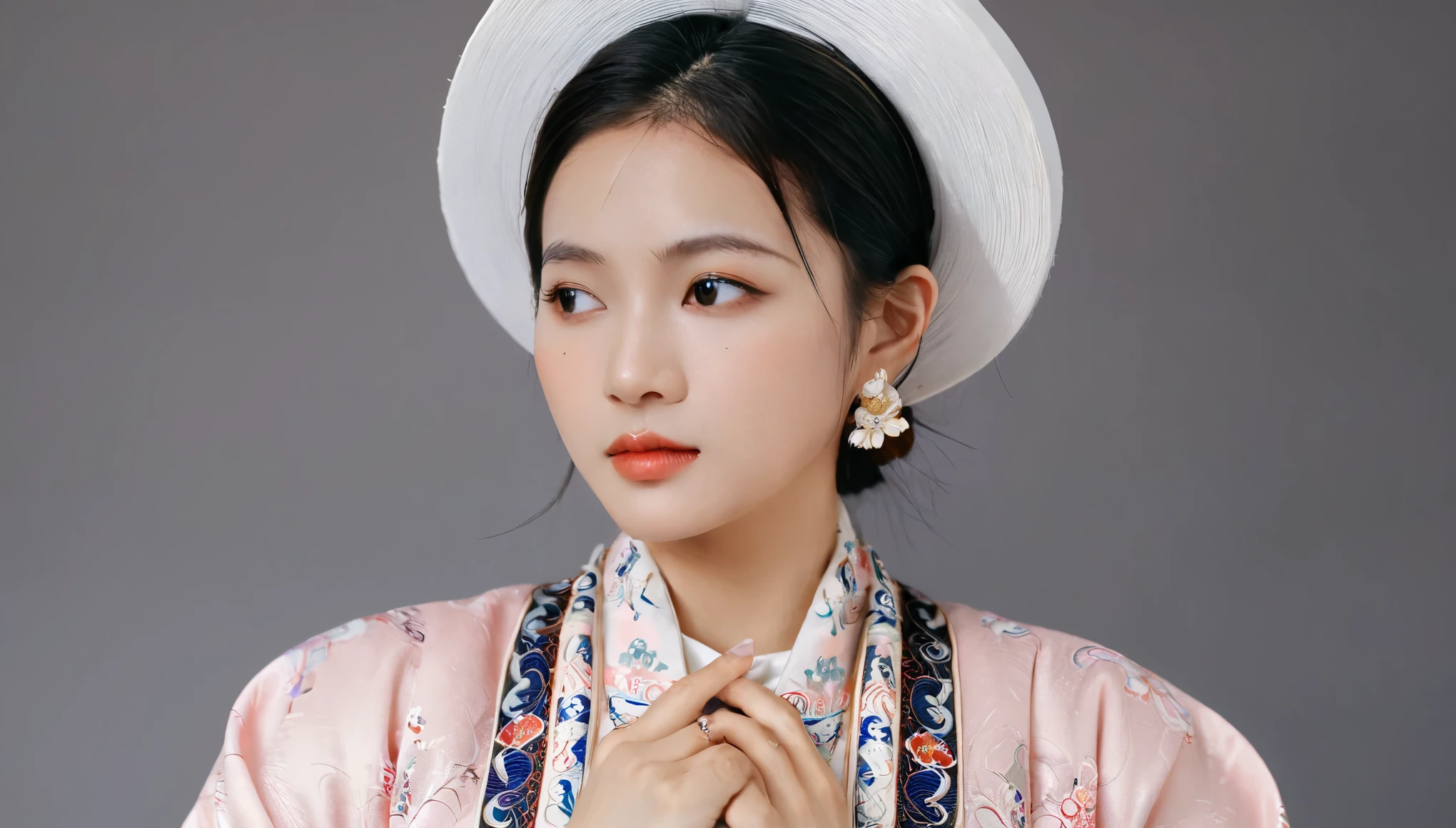 close-up shot to ear ring of A beautiful Vietnamese woman wearing a traditional nhat binh clothing and hat, ahanhatbinh clothing
nhat binh clothing
clothes
hat
pants
wide sleeves
long sleeves, adorned with delicate jewelry, in a clear, dreamy, and soft style. The black background is gentle and minimal, with natural lighting creating a pure, serene atmosphere. Her jewelry sparkles subtly, enhancing her graceful beauty. The image is simple yet elegant, capturing the timeless charm of Vietnamese tradition
