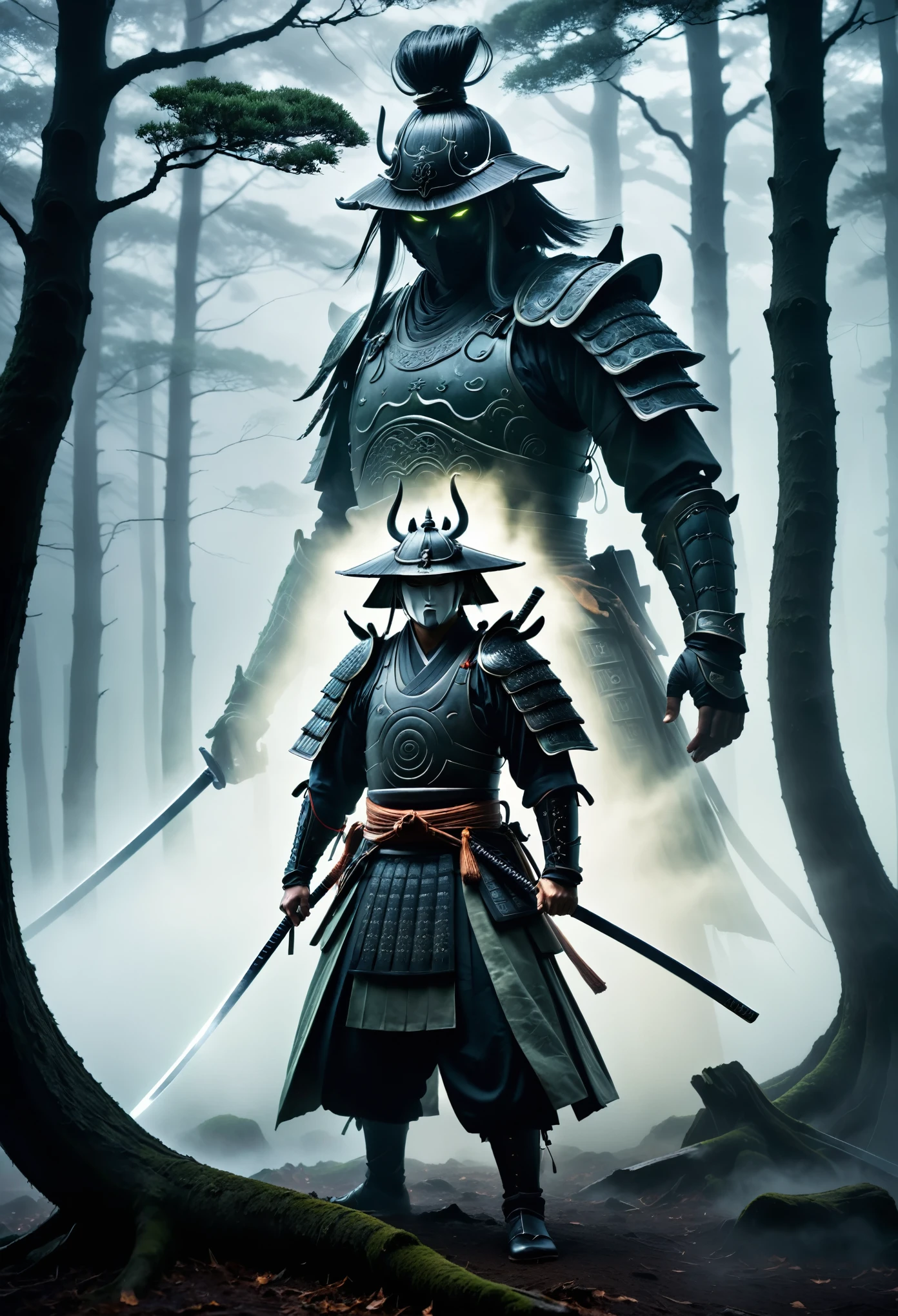 Ghost, A haunting image of a translucent Japanese samurai ghost standing beside an ancient, gnarled tree shrouded in thick, swirling fog. The samurai, clad in traditional armor, has a hollow, ghostly expression. The dimly lit forest background adds to the eerie atmosphere, with a ghostly samurai sword lying on the ground. Style: Dark, atmospheric, and detailed. Color Palette: Predominantly dark with hints of ghostly white and a dark, moody green for the forest. Lighting: Dim, with a focus on the interplay of light and fog. Composition: The samurai ghost should be the central focus, with the tree and fog creating a dramatic backdrop. Details: Pay attention to the intricate details of the samurai armor, the texture of the tree bark, and the swirling patterns of the fog.
