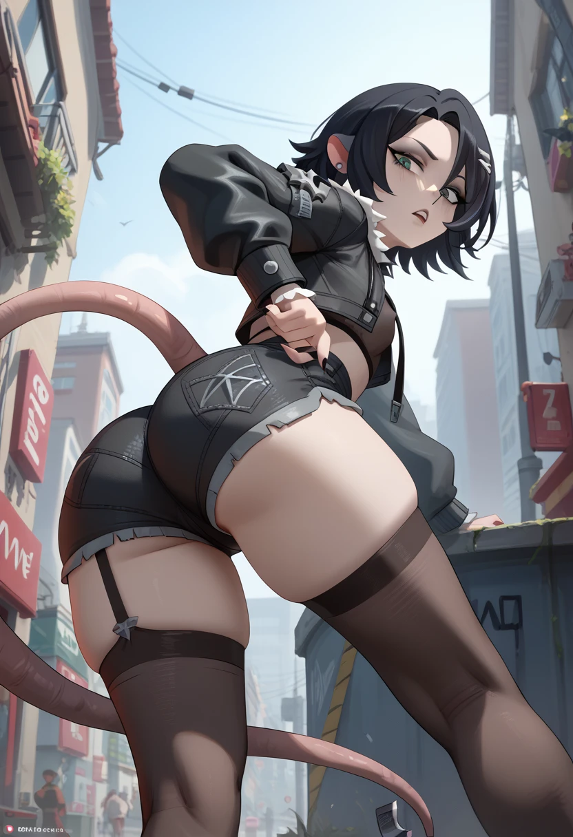 Sexy, rat girl, see-through clothing, fishnet, small breasts, big ass, giant ass, slim body, thicc body, pervert, lust, humiliation, wardrobe malfunction, sexy, nsfw, leather bootyshorts, goth, short hair, green eyes, jane doe, zenless zone zero, bending over 1:3, super tight, undersized shorts, undersized clothing 1:3, 