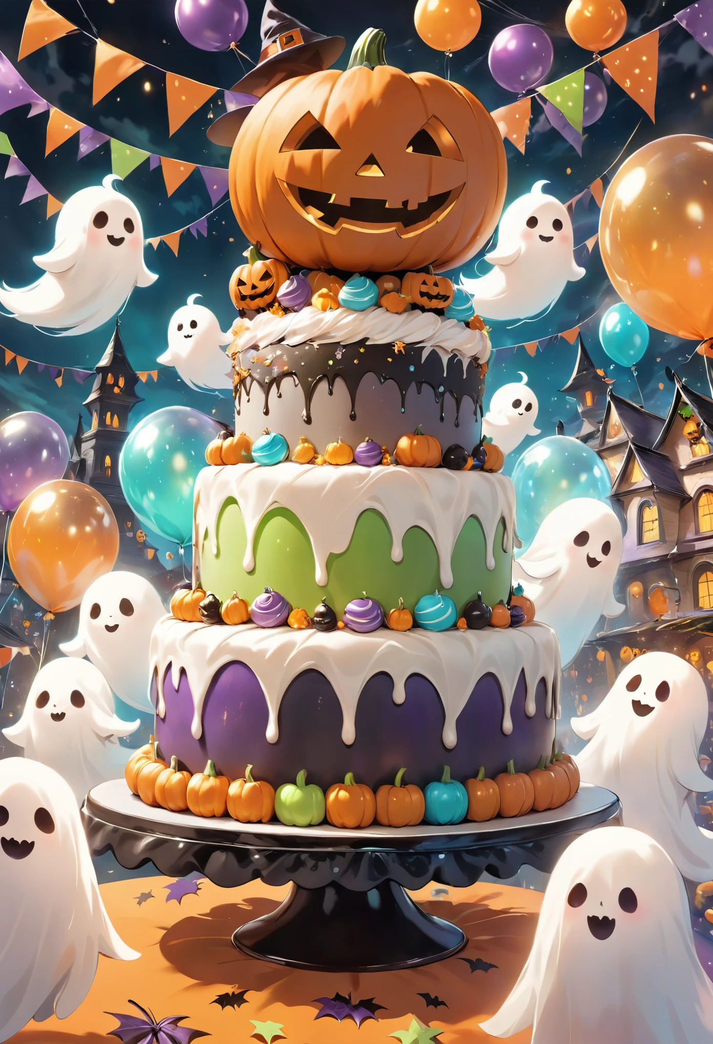 Cute little white ghosts, fluffy and floating, colourful Halloween party place, masterpiece, best quality.