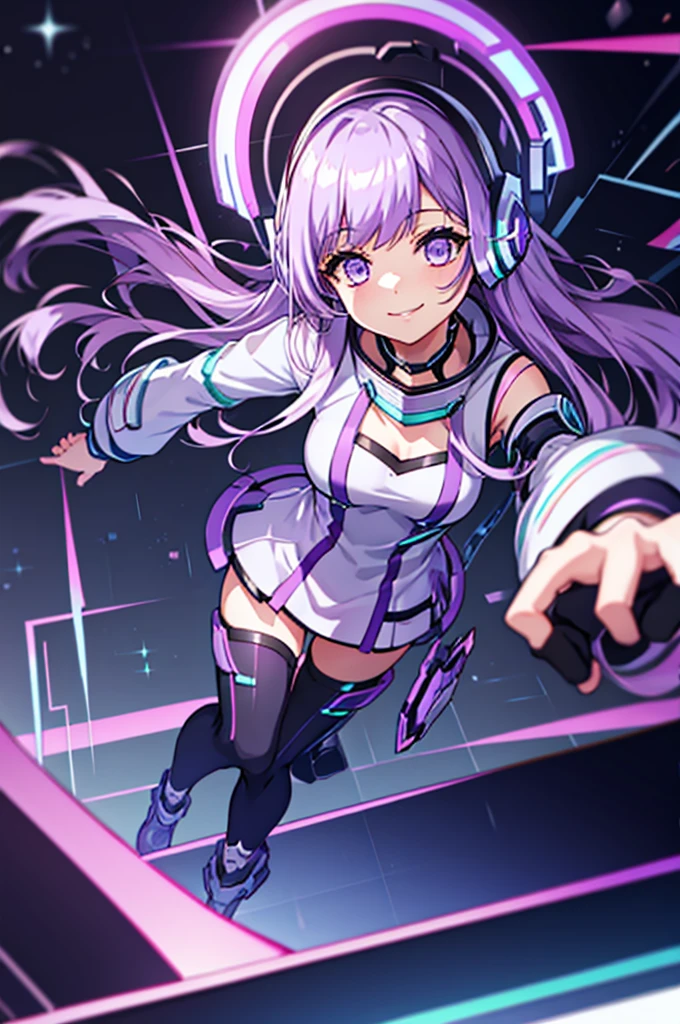 
Thighs、tights、chest、smile、 light purple hair 、 1 girl、 solo girl 、income、 headphones、tablet device、mecha girl、 miniskirt in length