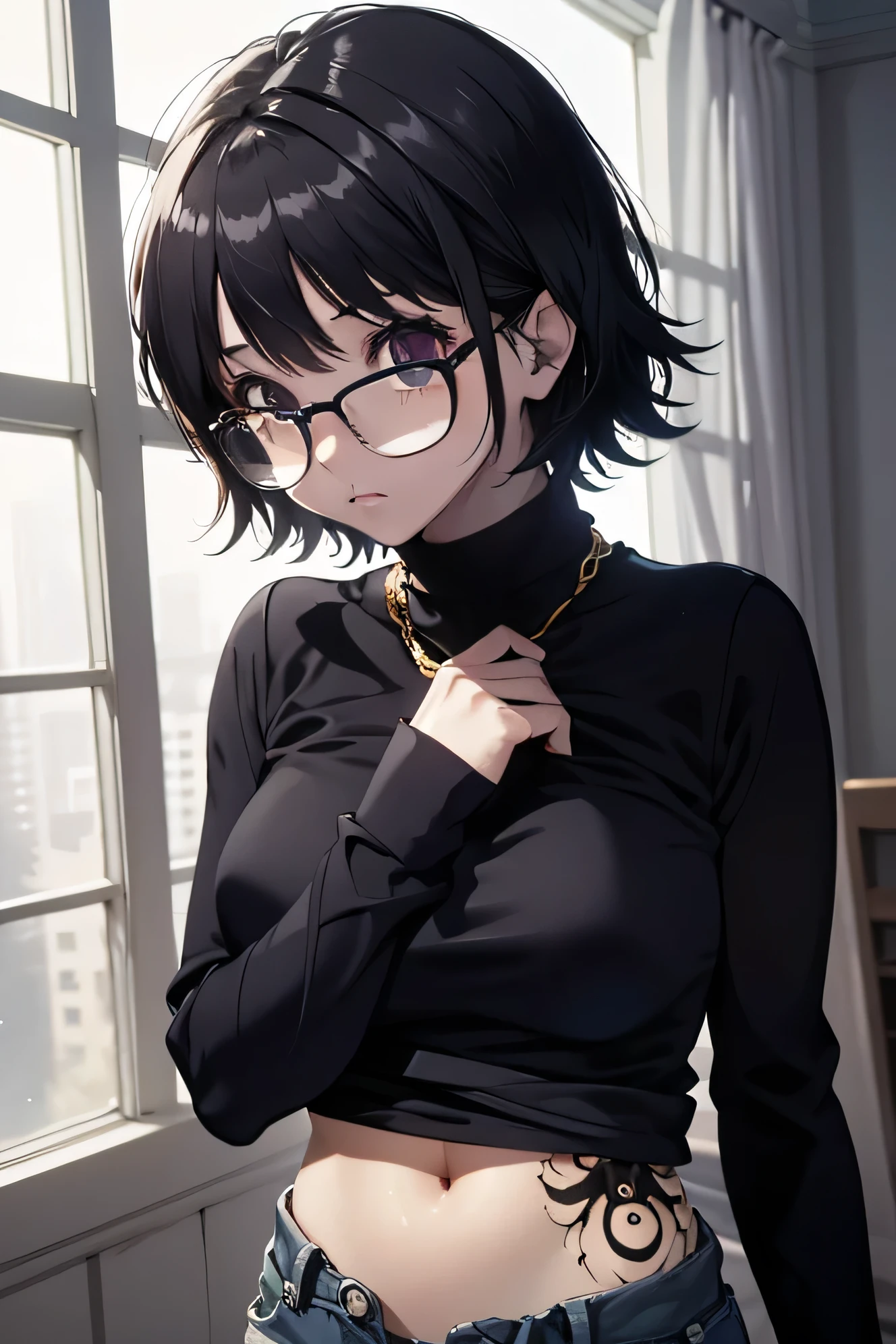 1girl, (masterpiece:1.3), (high resolution), (8K), (extremely detailed), (4k), (pixiv), perfect face, nice eyes and face, (best quality), (super detailed), detailed face and eyes, (solo), textured skin, absurdres, highres, shizukuwz, glasses, pants, jeans, black hair, short hair, cross necklace, long sleeves, turtleneck, black sweater, purple eyes, inverted cross, room, indoors, cowboy shot, angry, blush, clothes lift, tattoo, sweater lift, dynamic angle, navel