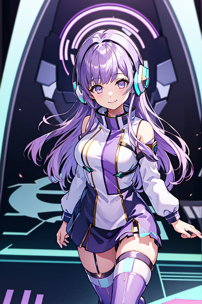 
Thighs、tights、chest、smile、 light purple hair 、 1 girl、 solo girl 、income、 headphones、tablet device、mecha girl、 miniskirt in length