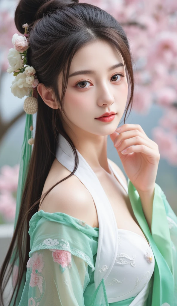 a woman in a green dress with a flower in her hair, 中 元 节, ((a beautiful fantasy empress)), a beautiful fantasy empress, palace ， a girl in hanfu, 8k)), inspired by Huang Ji, chinese style, inspired by Lan Ying, by Fan Qi, white hanfu, guweiz