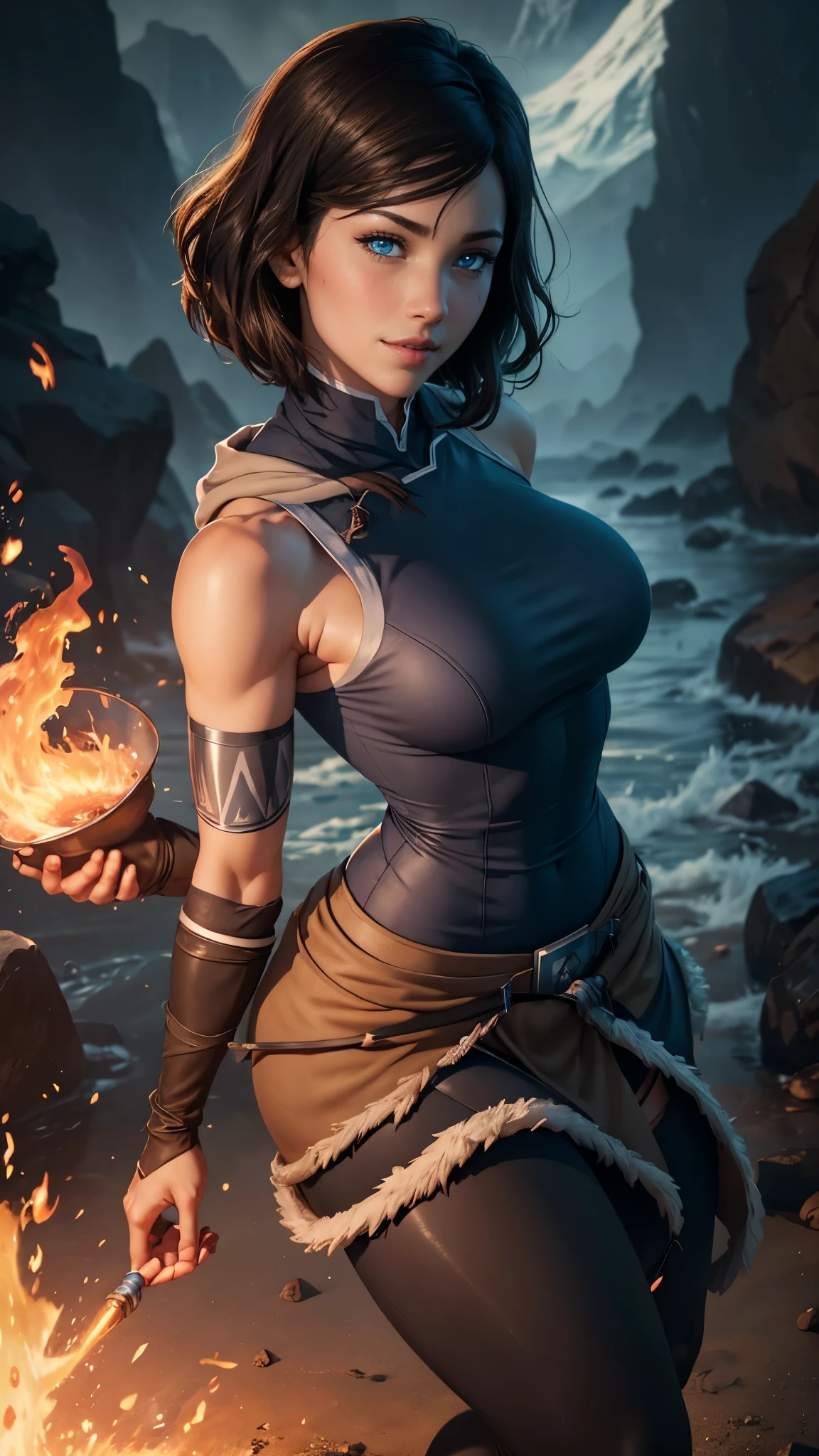 Korra da avatar,(best quality, 4K,8k,high resolution,work of art:1.2)(weather: showing), artic background, ninja village, wide hips, short curly hair, brown hair, freckles, sleeveless ninja hoodie top, steel corset, tight bodycon skirt, shinobi leggings, ninja harness, ninja boots, elbow long gloves, light makeup, dark eyeliner, blush, flirting pose, glowing eyes, ultra detailed, portrait, realistic, beautiful detailed blue eyes, beautiful detailed lips, extremely detailed eye and face, long eyelashes,average, large breasts, flying hair, beaming smile, sexy smile, powerful girl, bright coloured, dramatic lighting, fire and water bending,