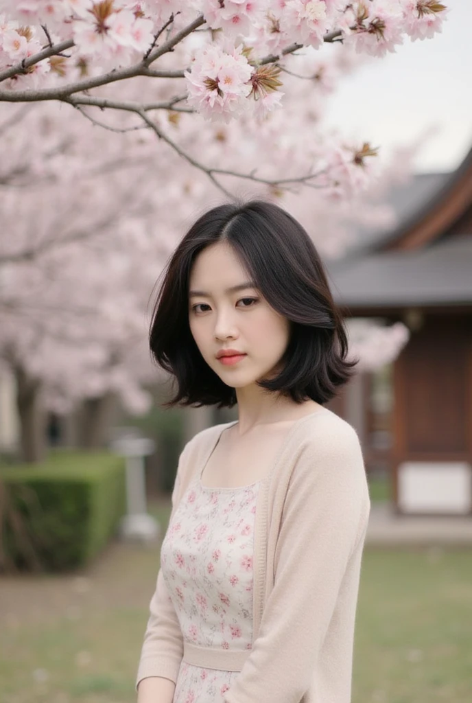 (MasterPiece), ((photography)), realistic, 8k, A young woman standing under blooming cherry blossom trees, wearing a light floral dress with a soft, light-colored cardigan over it. Her short, wavy hair frames her face as she gazes downward with a peaceful expression. The background features a traditional wooden structure, adding a sense of classic, romantic ambiance to the scene, capturing the serene beauty of spring.