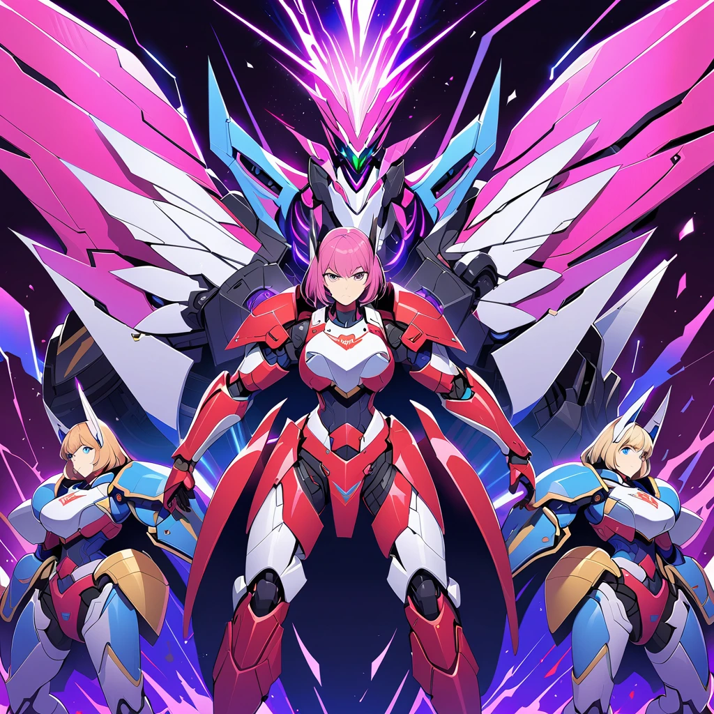 Anime, high detailed, multiple womans, mature womans, mecha armor, large mechanical wings, large Gauntlet, large shield in arm, serious, curvy body, long mechanical wings, mecha weapons、Colored armors、magenta Colored aura、BLUE Eyes, elongated pupils,  Mature Woman、magenta aura、womans surrounding, background in the space 