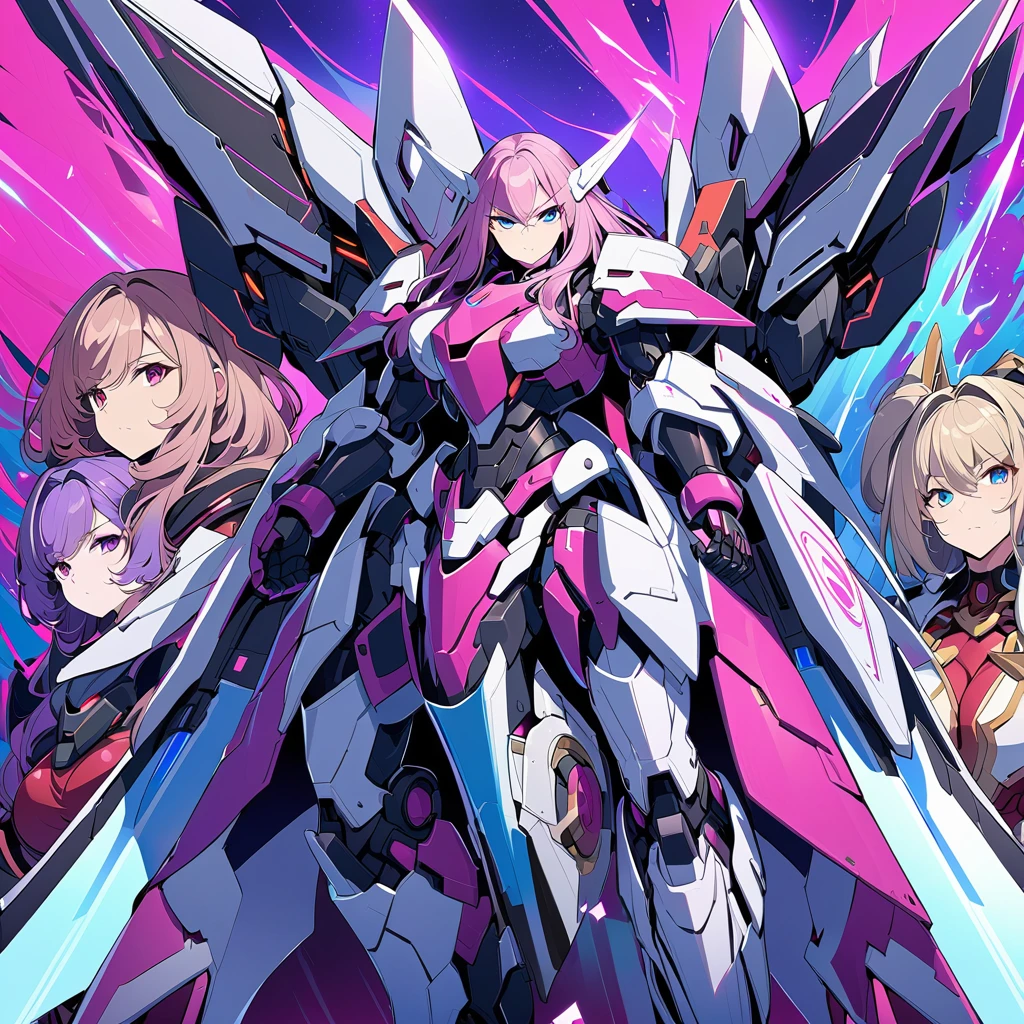 Anime, high detailed, multiple womans, mature womans, mecha armor, large mechanical wings, large Gauntlet, large shield in arm, serious, curvy body, long mechanical wings, mecha weapons、Colored armors、magenta Colored aura、BLUE Eyes, elongated pupils,  Mature Woman、magenta aura、womans surrounding, background in the space 