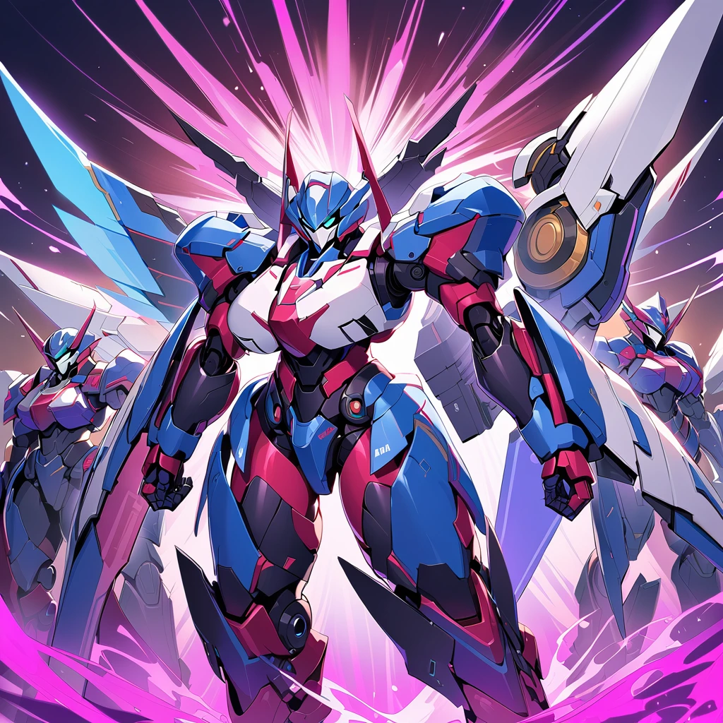 Anime, high detailed, multiple womans, mature womans, mecha armor, large mechanical wings, large Gauntlet, large shield in arm, serious, curvy body, long mechanical wings, mecha weapons、Colored armors、magenta Colored aura、BLUE Eyes, elongated pupils,  Mature Woman、magenta aura、womans surrounding, background in the space 