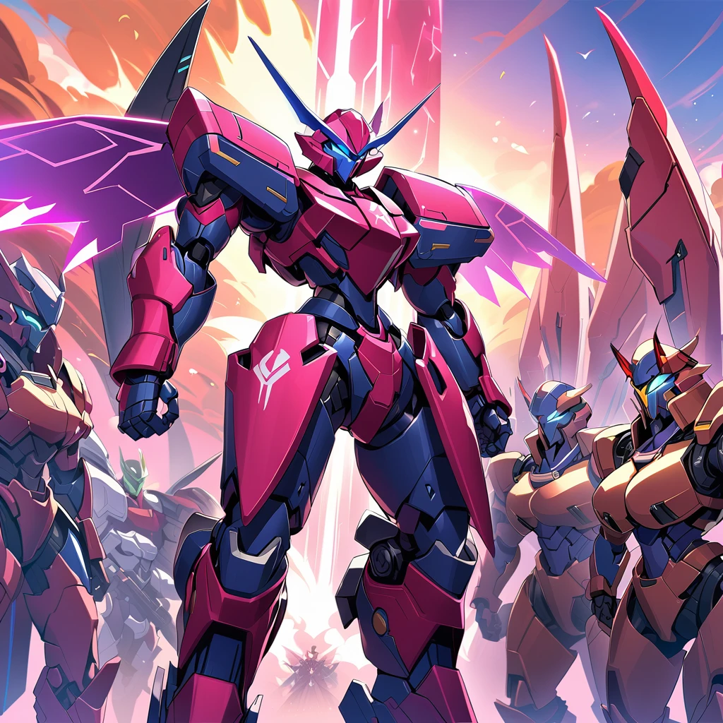 Anime, high detailed, multiple womans, mature womans, mecha armor, large mechanical wings, large Gauntlet, large shield in arm, serious, curvy body, long mechanical wings, mecha weapons、Colored armors、magenta Colored aura、BLUE Eyes, elongated pupils,  Mature Woman、magenta aura、womans surrounding, background in the space 