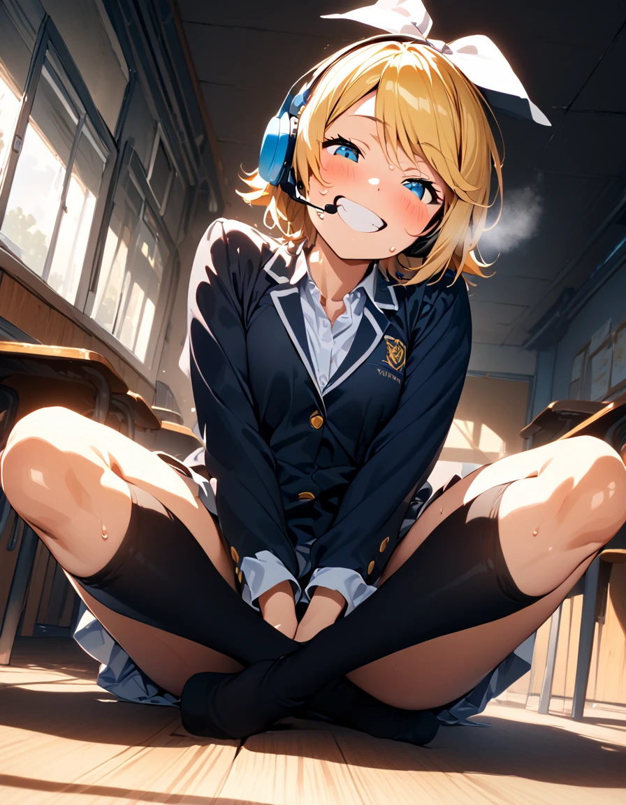 school uniform, (blushing), (Black thigh-high socks),(((indian style))), middle breasts ,(masterpiece),( best quality ),(Super detailed),(  BEST ILLUSTRATION),( best shadow ),(Absurd),(Detailed face),(  very aesthetic), 1 girl, excited , is watching viewers,Heavy breathing, Shiny Skin ,sweat,,classroom,sitting,Daytime,happy,(good smile),cclosed eyes,Teeth are visible,(head tilt),arms between legs,grin,white teeth,full body,(looking down), (from below), rin kagamine, blonde hair, blue eyes, hair bow, headset, short hair, headphones,