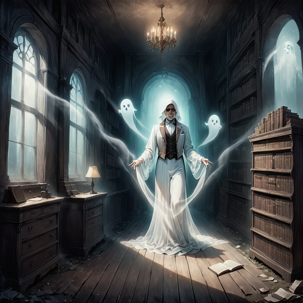 (masterpiece, best quality, very aesthetic, absurdres), (8k, RAW photo, best quality), (extremely detailed 8k wallpaper), (realistic, photo-realistic:1.0), 
A ghostly scholar appearing in an old, dimly lit library filled with ancient books and wooden shelves. The ghost is a translucent figure of an elderly man dressed in a Victorian-era suit, with a faint bluish glow emanating from his form. He is holding an old leather-bound book, with spectral fingers gently turning the pages. The library is filled with tall, dusty shelves, ornate wooden furniture, and scattered manuscripts. A faint mist lingers in the air, and a soft, ethereal light illuminates the ghost's figure, casting eerie shadows across the room. The atmosphere is mysterious and timeless, with a sense of forgotten knowledge. Dynamic angle.