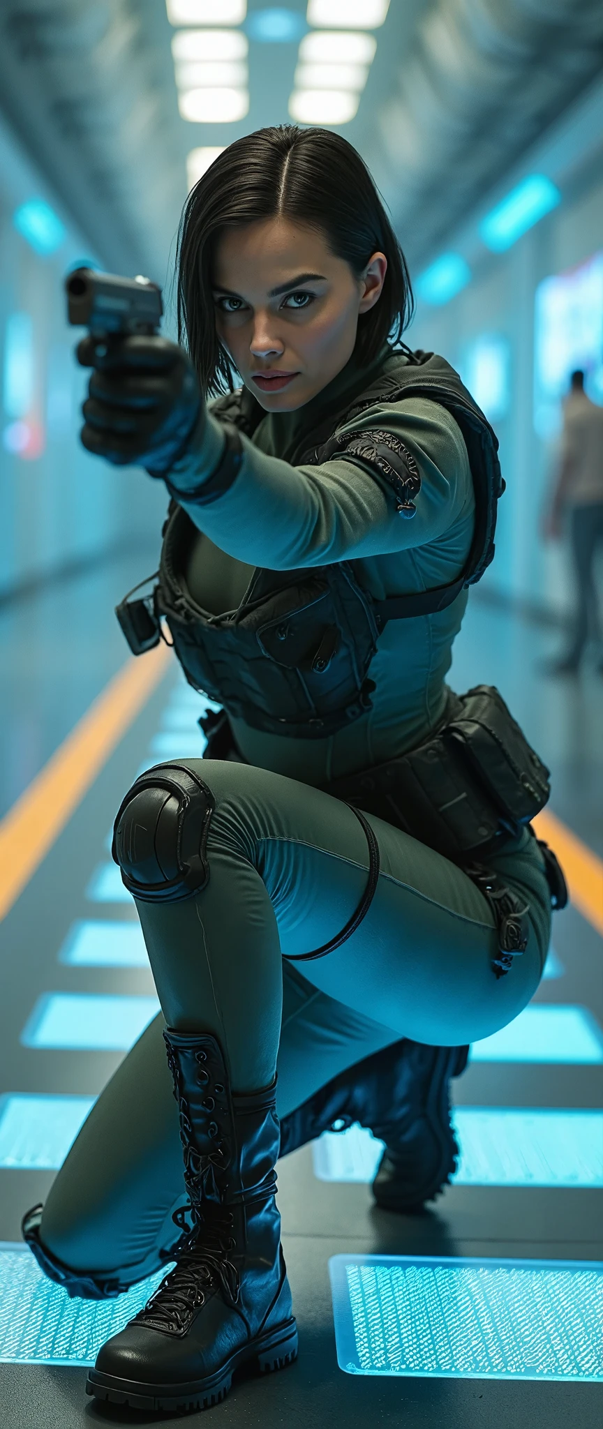 (masterpiece:1.2,Exceptional Quality,Mirror-like, movie-like experience, photorealistic:2.0, RAW Photos:2.0,Super detailed),8k,wallpaper,,(One Woman:2.0),(Ghost in the Shell worldview :2.0),( grey tactical bodysuit:2.0),(heavy grey bulletproof vest :2.0),(Grey Gloves:2.0),( short bob:2.0),( beautiful eyes),(Detailed face),( detailed female hands :2.0),(Super sexy:2.0),(Stand on one knee and point a handgun at the camera.:2.0),(Raise your right knee:2.0)(square line hologram floor :2.0),( square line hologram wall:2.0),(Cyber World:2.0),(SF:2.0),( cyberpunk:2.0),(night:2.0),( cyberpunkシティ:2.0),( look at the camera:2.0)
