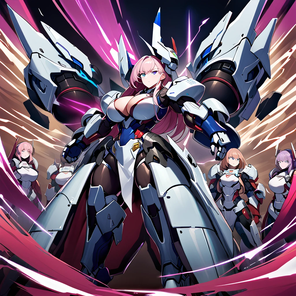 Anime, high detailed, multiple womans, mature womans, mecha armor, large mechanical wings, large Gauntlet, large shield in arm, serious, curvy body, long mechanical wings, mecha weapons、Colored armors、magenta Colored aura、BLUE Eyes, elongated pupils,  Mature Woman、magenta aura、womans surrounding, background in the space 