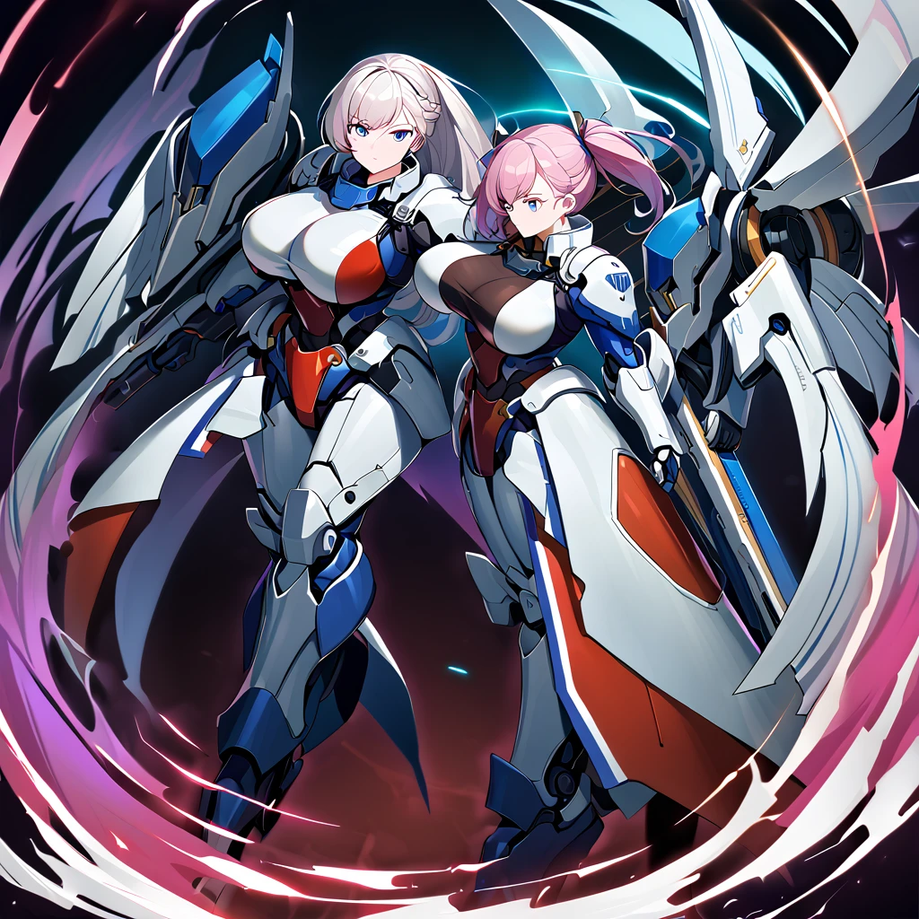 Anime, high detailed, multiple womans, mature womans, mecha armor, large mechanical wings, large Gauntlet, large shield in arm, serious, curvy body, long mechanical wings, mecha weapons、Colored armors、magenta Colored aura、BLUE Eyes, elongated pupils,  Mature Woman、magenta aura、womans surrounding, background in the space 