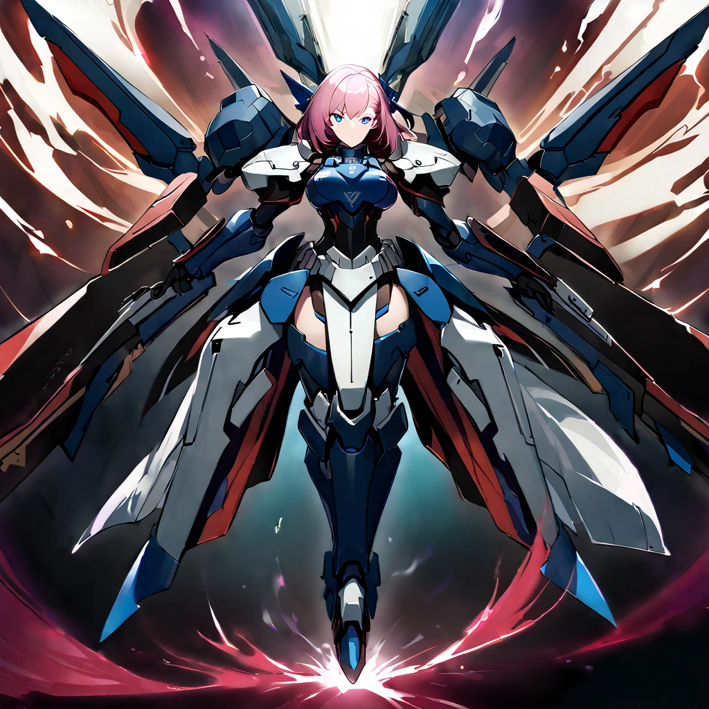 Anime, high detailed, multiple womans, mature womans, mecha armor, large mechanical wings, large Gauntlet, large shield in arm, serious, curvy body, long mechanical wings, mecha weapons、Colored armors、magenta Colored aura、BLUE Eyes, elongated pupils,  Mature Woman、magenta aura、womans surrounding, background in the space 