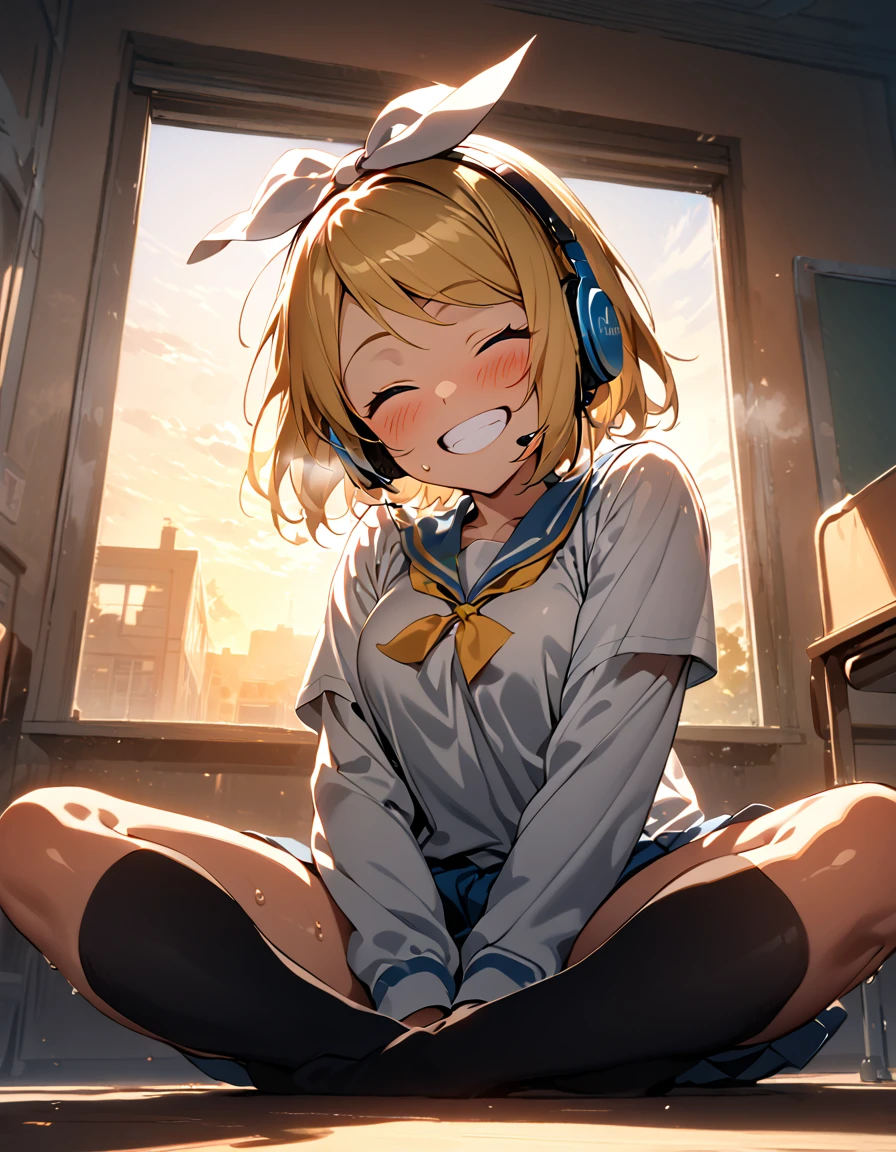 school uniform, (blushing), (Black thigh-high socks),(((indian style))), middle breasts ,(masterpiece),( best quality ),(Super detailed),(  BEST ILLUSTRATION),( best shadow ),(Absurd),(Detailed face),(  very aesthetic), 1 girl, excited , is watching viewers,Heavy breathing, Shiny Skin ,sweat,,classroom,sitting,happy,(good smile),cclosed eyes,Teeth are visible,(head tilt),arms between legs,grin,white teeth,full body,(looking down), (from below), rin kagamine, blonde hair, blue eyes, hair bow, headset, short hair, headphones,Sunset shining through the window,