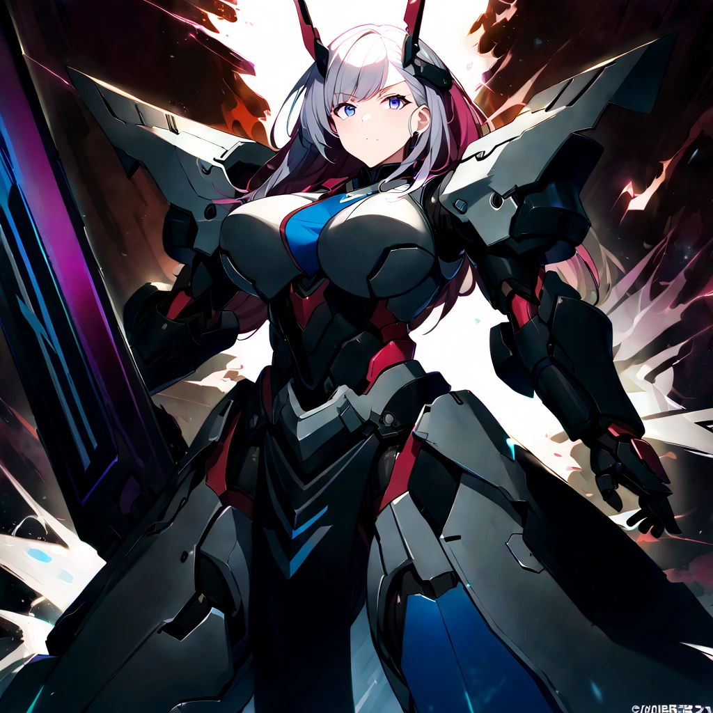 Anime, high detailed, multiple womans, mature womans, mecha armor, large mechanical wings, large Gauntlet, large shield in arm, serious, curvy body, long mechanical wings, mecha weapons、Colored armors、magenta Colored aura、BLUE Eyes, elongated pupils,  Mature Woman、magenta aura、womans surrounding, background in the space 