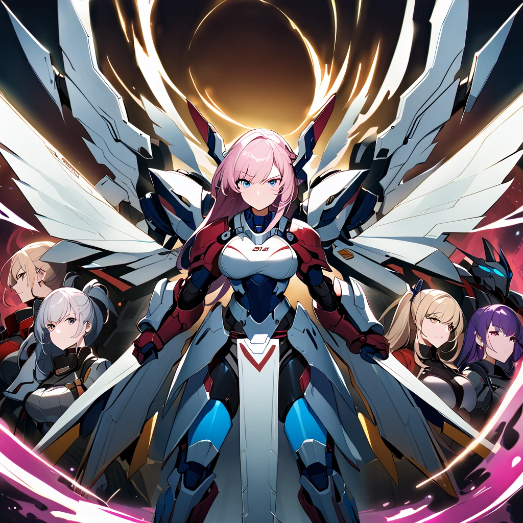 Anime, high detailed, multiple womans, mature womans, mecha armor, large mechanical wings, large Gauntlet, large shield in arm, serious, curvy body, long mechanical wings, mecha weapons、Colored armors、magenta Colored aura、BLUE Eyes, elongated pupils,  Mature Woman、magenta aura、womans surrounding, background in the space 