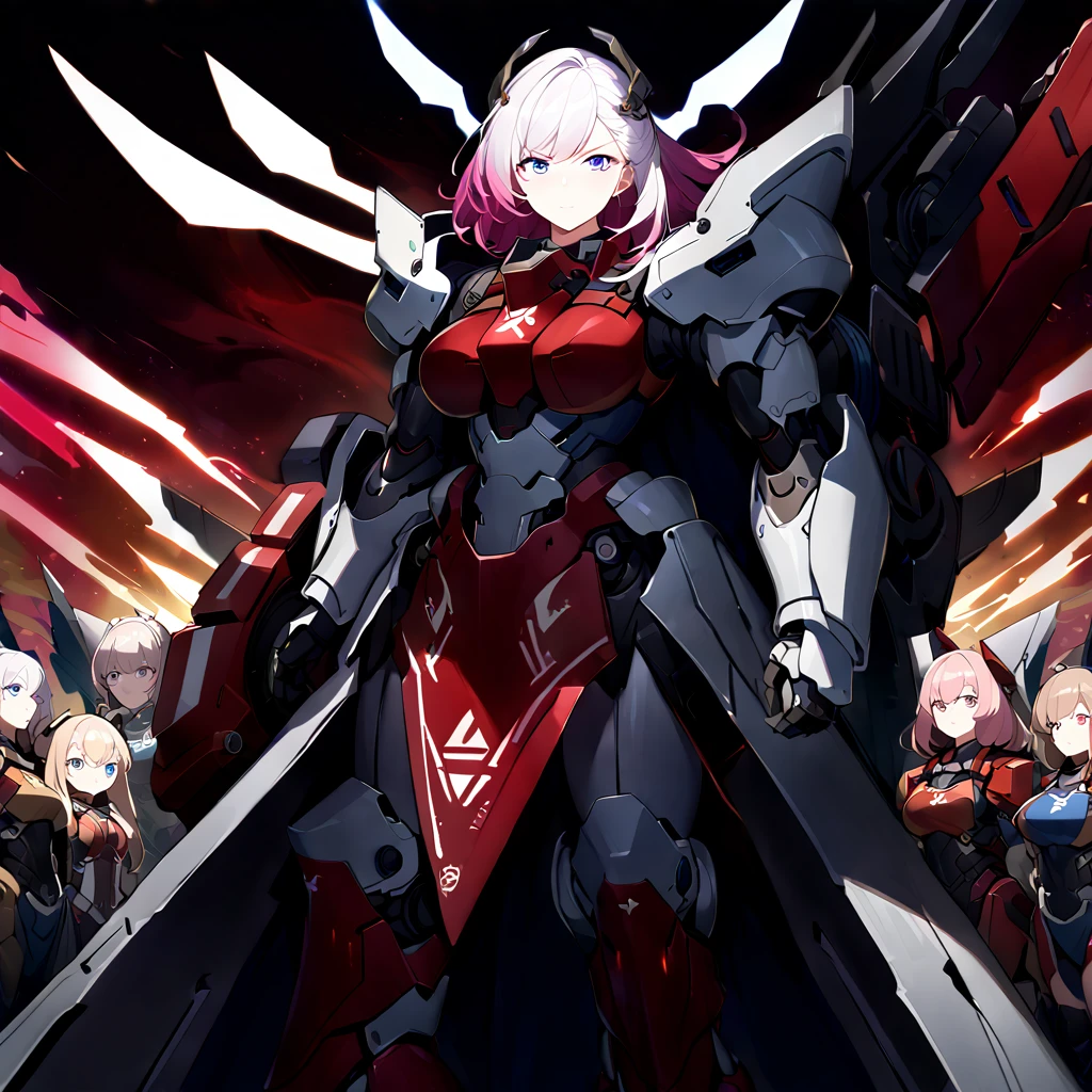 Anime, high detailed, multiple womans, mature womans, mecha armor, large mechanical wings, large Gauntlet, large shield in arm, serious, curvy body, long mechanical wings, mecha weapons、Colored armors、magenta Colored aura、BLUE Eyes, elongated pupils,  Mature Woman、magenta aura、womans surrounding, background in the space 