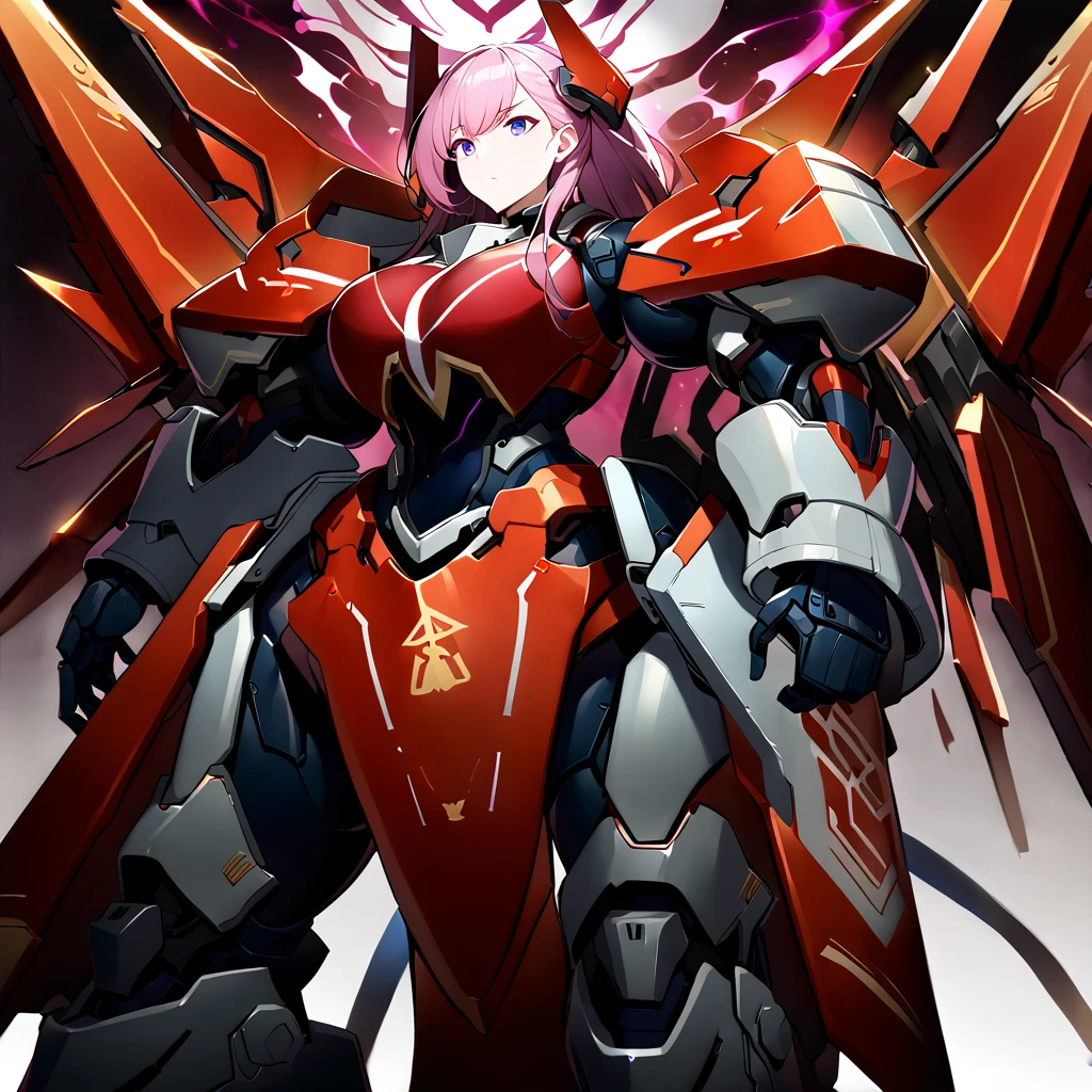 Anime, high detailed, multiple womans, mature womans, mecha armor, large mechanical wings, large Gauntlet, large shield in arm, serious, curvy body, long mechanical wings, mecha weapons、Colored armors、magenta Colored aura、BLUE Eyes, elongated pupils,  Mature Woman、magenta aura、womans surrounding, background in the space 