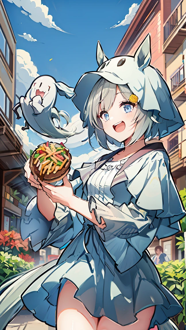 masterpiece, Best Quality,  Kampala,  very detailed ,(((Seiun Sky))), (((Horse Girl))), (((Ghost Costume))), (((Food))), ((( stands in the distance))), (((Positive。))), (((Streetscape))), (((blue sky))), ((( laughing。))), (((Plants)))