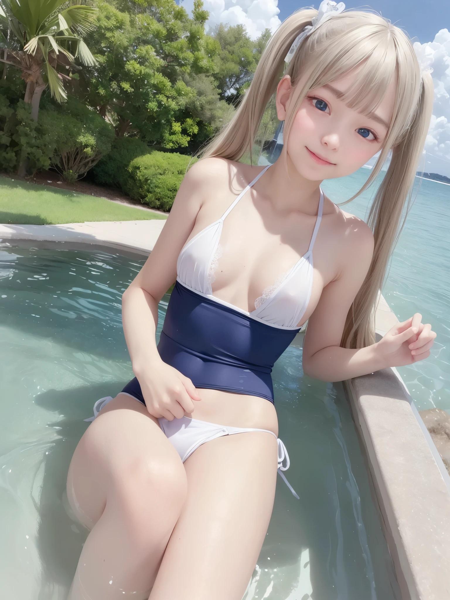 (extremely heavy breasts)、highest quality、masterpiece、超High resolution、(highest quality,8K,RAW photo,realistic,High resolution:1.2),(cute japanese woman),22 years ago、((beautiful sea background)),(巨大な金colorの髪),(Exposed black micro bikini),((armpit、armpit)),(light smile),(classroom),beautiful small handle sky park background、camel toe、belly button、2 stocks、,(Photoreal:1.4)、RAW photo、1 girl、(((random hair))、(((color々take a pose)))、glowing skin、((White micro bikini with star pattern))、（someone who looks at you calmly, Eyes like a goddess.）happiness:1.2)、twin tails、nature background、2 stocks、beautiful hip line、eyes shine、luxury hotel pool background、wet skin、