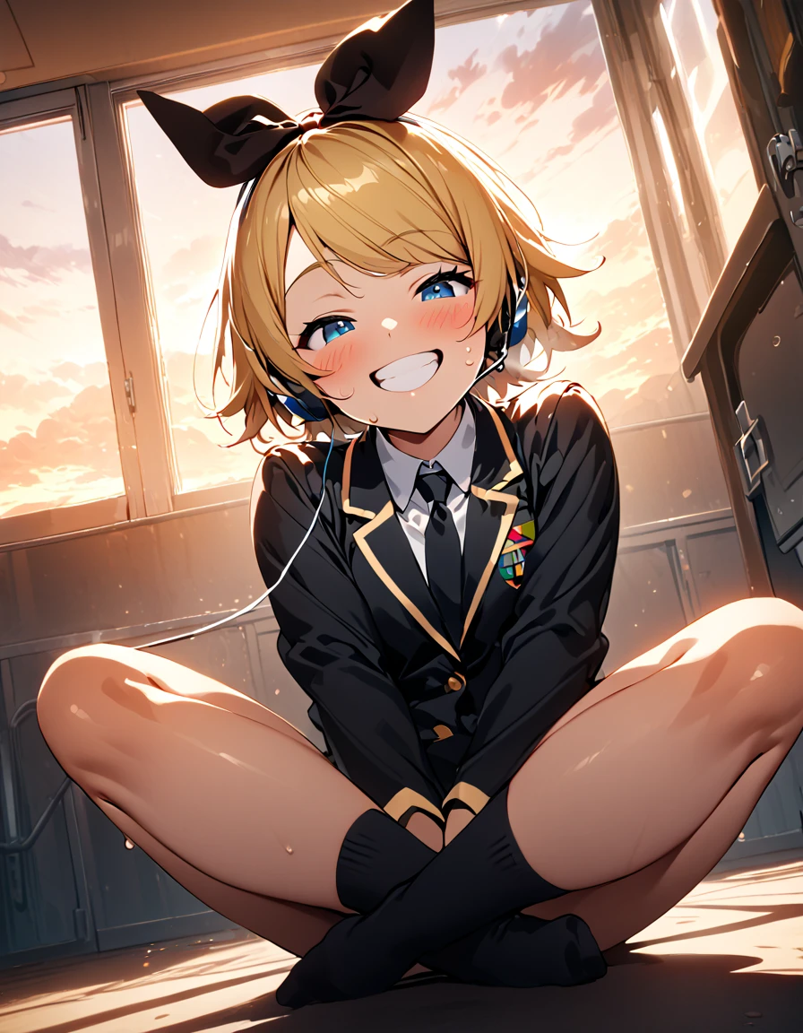 school uniform, (blushing), (Black thigh-high socks),(((indian style))), middle breasts ,(masterpiece),( best quality ),(Super detailed),(  BEST ILLUSTRATION),( best shadow ),(Absurd),(Detailed face),(  very aesthetic), 1 girl, excited , is watching viewers,Heavy breathing, Shiny Skin ,sweat,,classroom,sitting,happy,(good smile),cclosed eyes,Teeth are visible,(head tilt),arms between legs,grin,white teeth,full body,(looking down), (from below), rin kagamine, blonde hair, blue eyes, hair bow, headset, short hair, headphones, sunset shining through window,school uniform,Black blazer,black scout , white blouse,Black tie, 