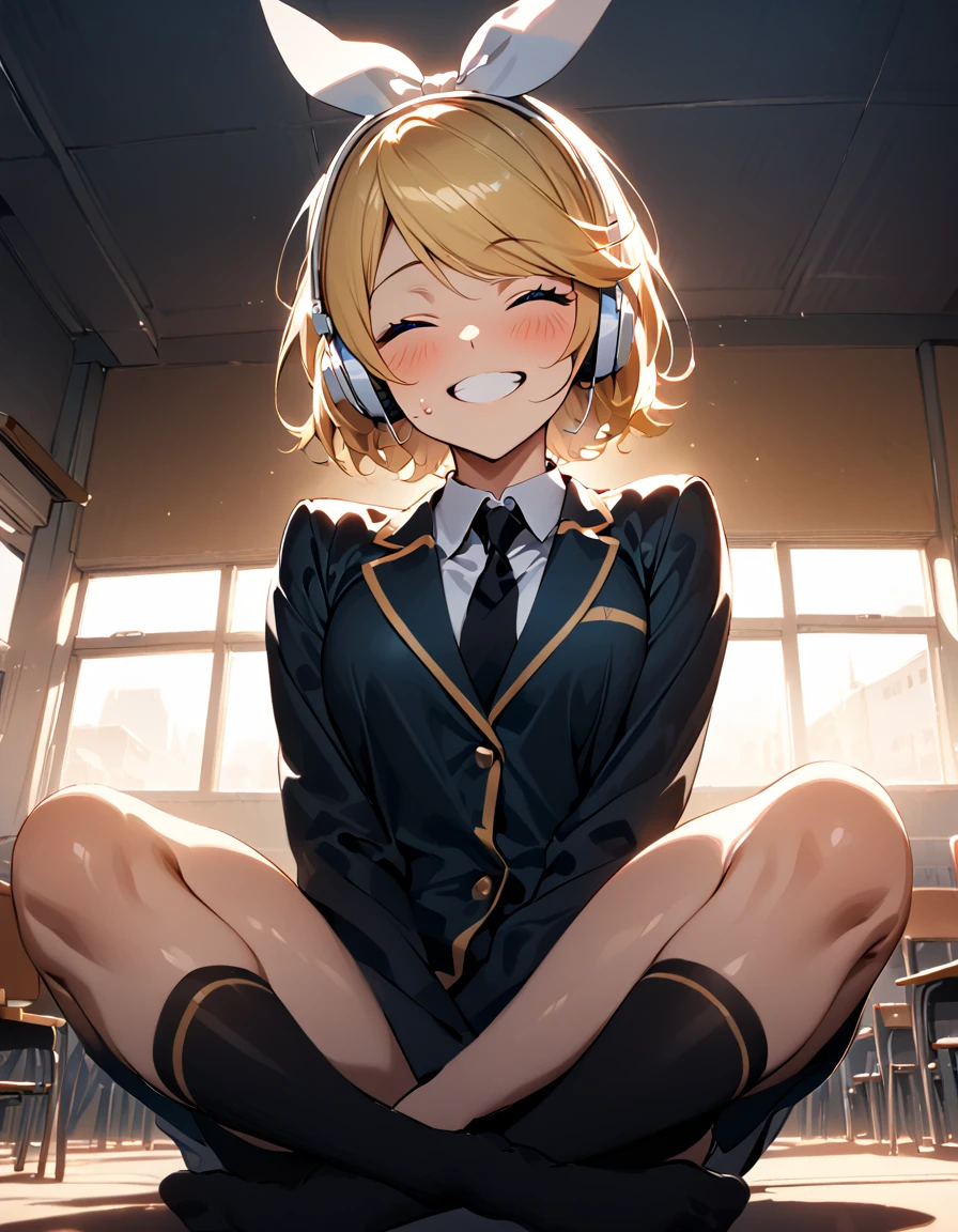 school uniform, (blushing), (Black thigh-high socks),(((indian style))), middle breasts ,(masterpiece),( best quality ),(Super detailed),(  BEST ILLUSTRATION),( best shadow ),(Absurd),(Detailed face),(  very aesthetic), 1 girl, excited , is watching viewers,Heavy breathing, Shiny Skin ,sweat,,classroom,sitting,happy,(good smile),cclosed eyes,Teeth are visible,(head tilt),arms between legs,grin,white teeth,full body,(looking down), (from below), rin kagamine, blonde hair, blue eyes,white hair bow,white headset, short hair, headphones, sunset shining through window,school uniform,Black blazer,black scout , white blouse,Black tie, 