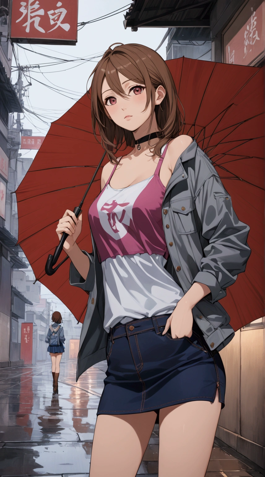 pretty young girl, (ayase_wz, medium hair, brown hair, brown eyes), holdina an umbrella, at rainy day on city, sunset scenery, {black long hair}, {wears gray denim long sleeves jacket, white and magenta tank top,  navy-blue denim cargo pencil mini skirt, brown boots, black choker}, BREAK, ((masterpiece:1.2), (best quality:1.2), (very aesthetic:1.2), (absurdres:1.2), (detailed background),intricate details, newest, (1girl, solo, full body, front view, looking at viewer), (japanese anime style), (expressive eyes, perfect face, perfect anatomy)