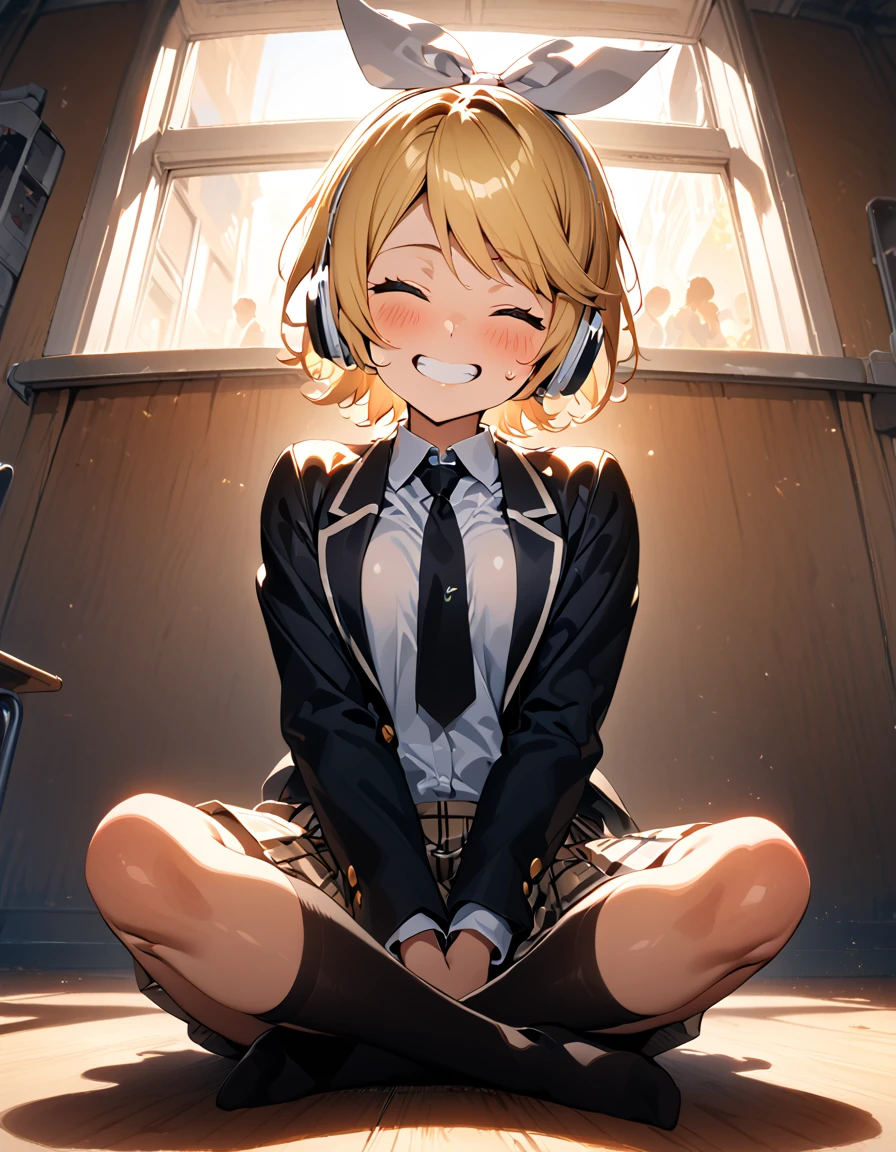 school uniform, (blushing), (Black thigh-high socks),(((indian style))), middle breasts ,(masterpiece),( best quality ),(Super detailed),(  BEST ILLUSTRATION),( best shadow ),(Absurd),(Detailed face),(  very aesthetic), 1 girl, excited , is watching viewers,Heavy breathing, Shiny Skin ,sweat,,classroom,sitting,happy,(good smile),cclosed eyes,Teeth are visible,(head tilt),arms between legs,grin,white teeth,full body,(looking down), (from below), rin kagamine, blonde hair, blue eyes,white hair bow,white headset, short hair, headphones, sunset shining through window,school uniform,Black blazer,black and white plaid skirt, white blouse,Black tie, 