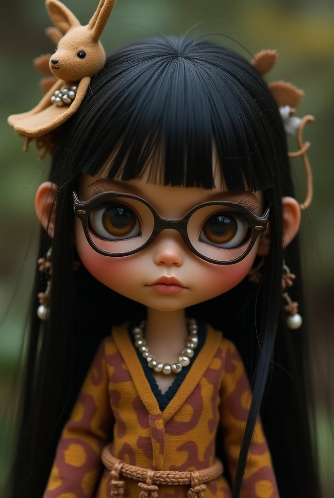 blythe doll with short black hair and round purple glasses