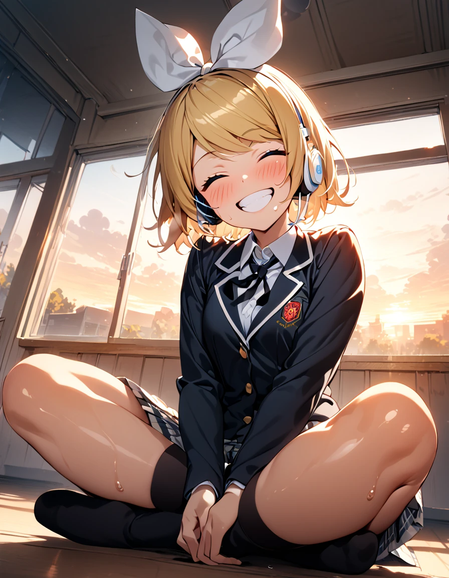 school uniform, (blushing), (Black thigh-high socks),(((indian style))), middle breasts ,(masterpiece),( best quality ),(Super detailed),(  BEST ILLUSTRATION),( best shadow ),(Absurd),(Detailed face),(  very aesthetic), 1 girl, excited , is watching viewers,Heavy breathing, Shiny Skin ,sweat,,classroom,sitting,happy,(good smile),cclosed eyes,Teeth are visible,(head tilt),arms between legs,grin,white teeth,full body,(looking down), (from below), rin kagamine, blonde hair, blue eyes,white hair bow,white headset, short hair, headphones, sunset shining through window,school uniform,Black blazer,black and white plaid skirt, white blouse,Black tie, The score is high,