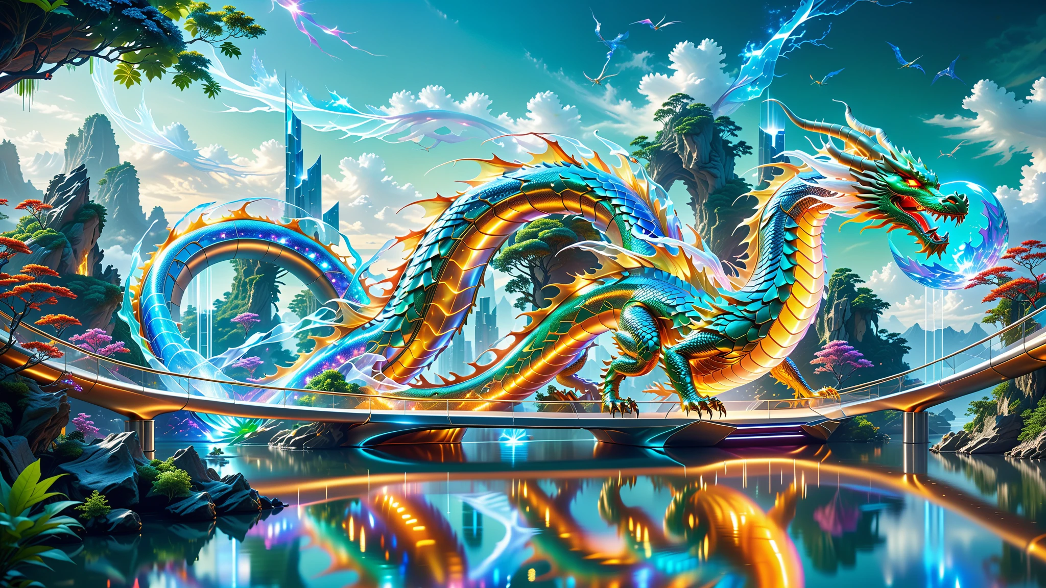 A Masterpiece In 32K Resolution, Supreme Quality, Super Detail, Official Art, Very High-Resolution 32K Wallpaper. Gleaming And Technological, Ultra-Detailed Features. An Ethereal Dragon Made Of Light And Energy, Twisting Through A Landscape Of Floating Islands And Transparent Bridges. The Surrounding Environment Is A Fusion Of Futuristic Architecture And Lush Greenery. The Dragon’s Radiant Aura Illuminates The Path Ahead, Merging The Elements Of Nature And Modern Innovation In Perfect Unison.