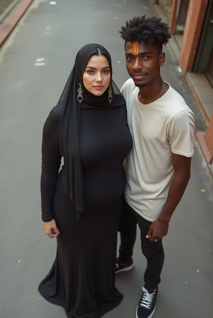 A black man carrying a Pale skin Russian woman in  nude shoulder nude arm breasts nude in in straight hijab grass view from side full body   