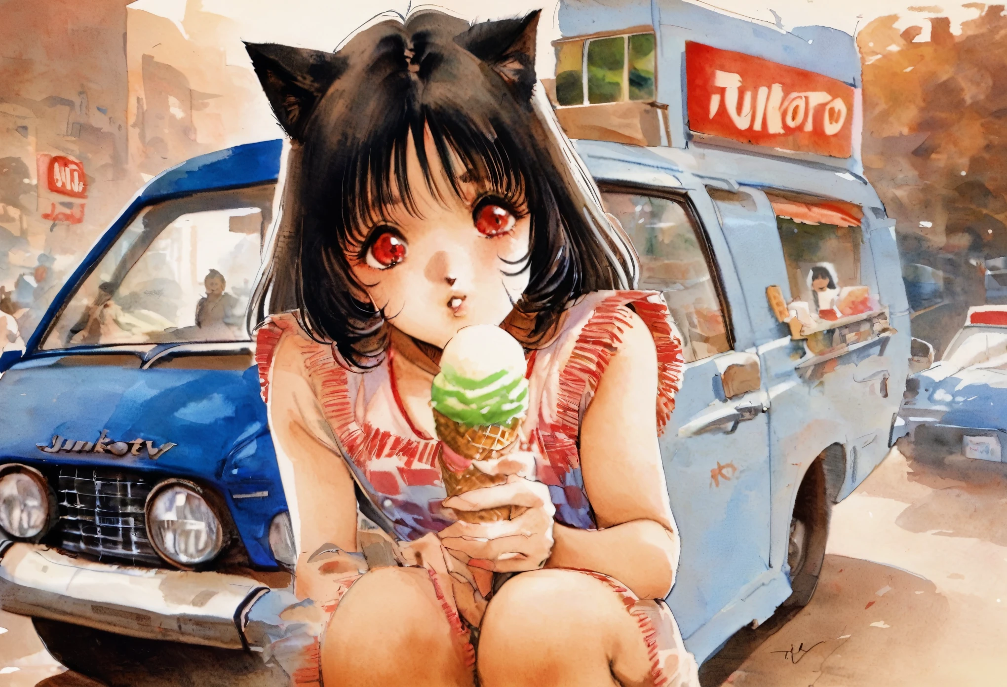  foreground. 1 girl (junkotvv black hair, fringe, cat ears, red eyes),  boring expression,  holding an ice cream cone ,   sitting next to an ice cream truck,  masterpiece , The best quality, very aesthetic, absurd traditional media  , watercolor, 1980