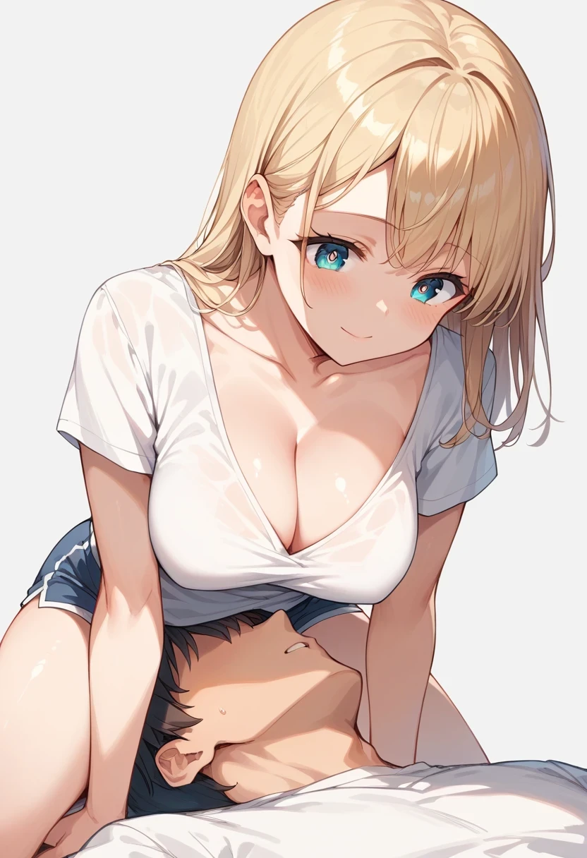 score_9, score_8_up, score_7_up,source_anime, high res image,masterpiece,best quality,girl,cute face,clear skin,shiny hair,ultra detailed eyes,simple background, white shirt .  breasts on face, breasts, 1boy